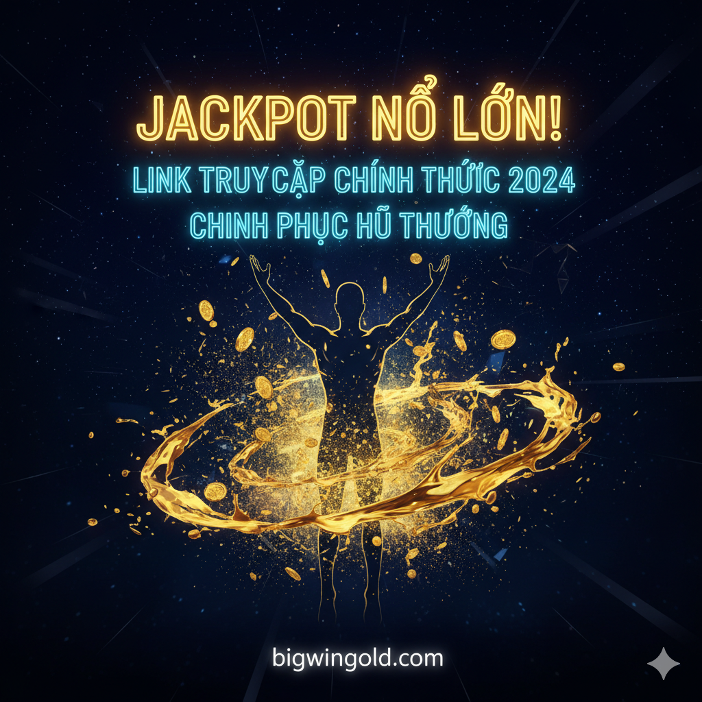 Hình ảnh tóm tắt, dùng để kêu gọi hành động và nhấn mạnh phần thưởng lớn. Bố cục phải là cảnh chiến thắng, có thể là một người chơi (trừu tượng hoặc hình bóng) đang ăn mừng, nền là cơn mưa tiền vàng bùng nổ và khẩu hiệu tiếng Việt “Jackpot Nổ Lớn”. Nhấn mạnh “Link Truy Cập Chính Thức 2024” và “Chinh Phục Hũ Thưởng”. Sử dụng nền tối (màu đen hoặc xanh nửa đêm) để làm nổi bật màu vàng và văn bản neon ở tiền cảnh. Phong cách phải gây sốc, truyền tải sự cấp bách và phấn khích của “Tham gia ngay, thắng lớn”.