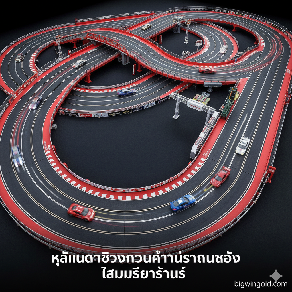 ภาพมุมสูงแบบไดนามิกของสนามแข่ง Carrera Slot Car ขนาดใหญ่ที่มีการติดตั้งอุปกรณ์เสริมหลากหลายชนิด (Carrera Track Extension) เช่น สะพาน, ทางโค้งแบบยกสูง, และแผงกั้นข้างสนาม (Guardrail) ตัวสนามควรมีแสงสว่างและสีสันสดใส เน้นการจัดวางรถ Slot Car (Digital 132 หรือ 124) หลายคันกำลังวิ่งด้วยความเร็วสูง ภาพควรเน้นความตื่นเต้นและความสมจริงของสนามแข่งที่ตกแต่งอย่างเต็มที่ เพื่อสื่อถึง 'คู่มือครบวงจรสำหรับสนามแข่งที่สมจริงที่สุด' โดยรวมควรมีโทนสีหลักเป็นสีแดง สีดำ และสีเทาเข้มของรางแข่งในสไตล์ภาพถ่ายโฆษณาผลิตภัณฑ์เทคโนโลยี