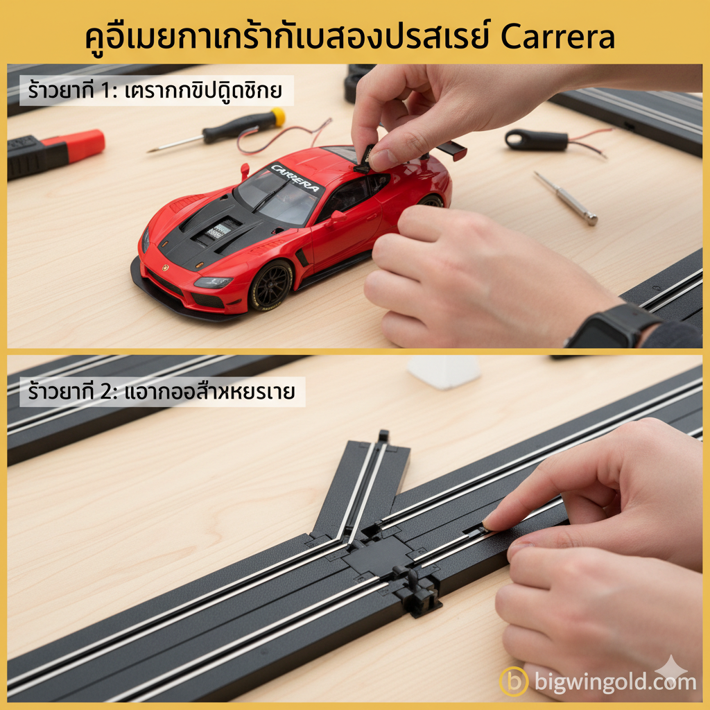 ภาพประกอบที่แสดงการติดตั้งอุปกรณ์เสริม Carrera สองขั้นตอนอย่างชัดเจน: ส่วนแรก แสดงมือคนกำลังติดตั้ง Carrera Digital Chip เข้าไปในใต้ท้องรถ Slot Car (อาจเป็นรถแข่ง F1 หรือ GT) โดยมีเครื่องมือเล็กน้อยประกอบอยู่ ส่วนที่สอง แสดงการเชื่อมต่อชิ้นส่วน Carrera Track Extension (เช่น ส่วนเปลี่ยนเลน หรือรางตรง) เข้ากับสนามแข่งหลัก โดยเน้นที่การต่อล็อคของรางอย่างถูกต้อง ภาพควรมีโทนสีที่อบอุ่นและให้ความรู้สึกเหมือนการสอน 'วิธีต่อราง Carrera' ที่เป็นมิตร แสดงถึงความง่ายในการอัปเกรดและซ่อมบำรุง