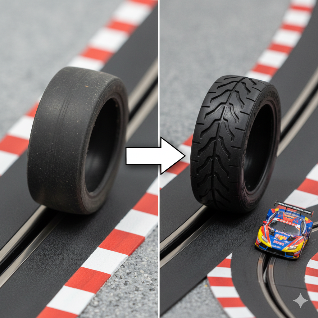 ภาพเน้นที่ประโยชน์ของ 'ยาง Slot Car Carrera คุณภาพสูง' ที่มีแรงยึดเกาะสูง (High-Grip Tires) โดยแบ่งเป็นสองส่วน: ด้านหนึ่งเป็นภาพยางเก่าที่สึกหรอและอีกด้านเป็นยางใหม่เอี่ยมที่มีดอกยางชัดเจน วางยางใหม่ไว้บนรางโค้งที่มีขอบสนาม (Borders) และแสดงรถ Slot Car กำลังเข้าโค้งด้วยความเร็วสูงจนเกิดแรง G เล็กน้อย ภาพควรใช้การจัดวางแบบเปรียบเทียบ (Before vs After) ที่มีลูกศรชี้ไปที่ยางใหม่เพื่อสื่อถึงประสิทธิภาพที่เพิ่มขึ้น เน้นสีดำและสีเทาของยางและราง ตัดกับสีสดใสของตัวรถแข่ง เพื่อสื่อถึง 'การซ่อมบำรุงและสมรรถนะพื้นฐาน' ที่เป็นข้อได้เปรียบ