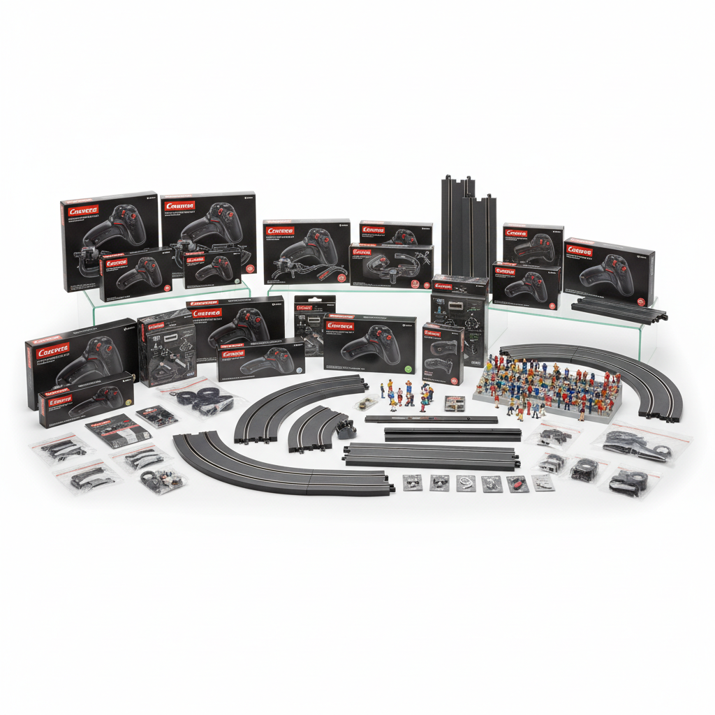 ภาพรวมสินค้า 'อุปกรณ์เสริม Carrera Slot Car' หลายรายการจัดวางอย่างเป็นระเบียบคล้ายแคตตาล็อกบนชั้นวางของ หรือพื้นผิวที่สะอาด โดยมีผลิตภัณฑ์หลากหลายชนิดปรากฏอยู่ เช่น กล่อง Wireless Controller, ชุดรางส่วนขยาย (Track Extension), อะไหล่สำรอง, และฟิกเกอร์ตกแต่งฉาก (Deco & Scenery) ภาพควรมีโลโก้หรือชื่อแบรนด์ Carrera และอาจมีพื้นที่ว่างด้านล่างสำหรับข้อความ Call-to-Action (CTA) ที่เกี่ยวข้องกับ bigwingold.com ใช้แสงที่สว่างและคมชัดในแบบสตูดิโอถ่ายภาพสินค้า (Product Photography) เพื่อแสดงความครบถ้วนของสินค้าที่พร้อมจำหน่าย