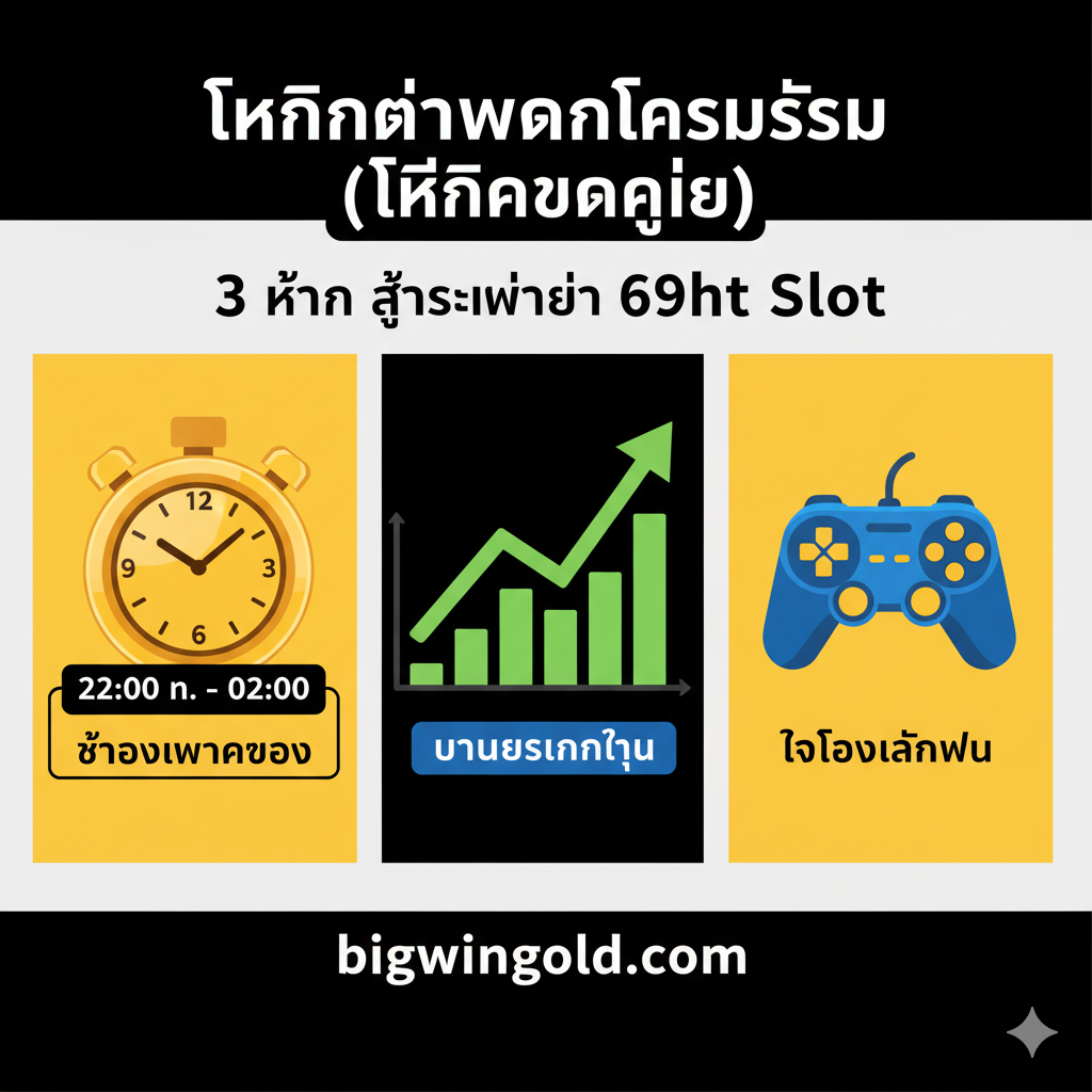 ภาพกราฟิกเชิงแนะนำในรูปแบบแผนภาพหรือ 3 ขั้นตอนง่ายๆ เพื่อให้ได้กำไรสูงสุดจาก 69ht Slot มีหัวข้อหลัก 'เทคนิคทำกำไรสูงสุด (เทคนิคแตกง่าย)' องค์ประกอบสำคัญคือ ไอคอนรูปนาฬิกาที่เน้นช่วงเวลา 22:00 น. ถึง 02:00 น. (ช่วงเวลาทอง), ภาพกราฟที่กำลังพุ่งขึ้นพร้อมป้าย 'บริหารเงินทุน', และไอคอนสำหรับ 'ทดลองเล่นฟรี' ใช้พื้นหลังที่เรียบง่ายแต่มีสีสันตัดกัน เช่น สีเหลืองและสีดำ เพื่อให้ข้อมูลชัดเจนและอ่านง่าย