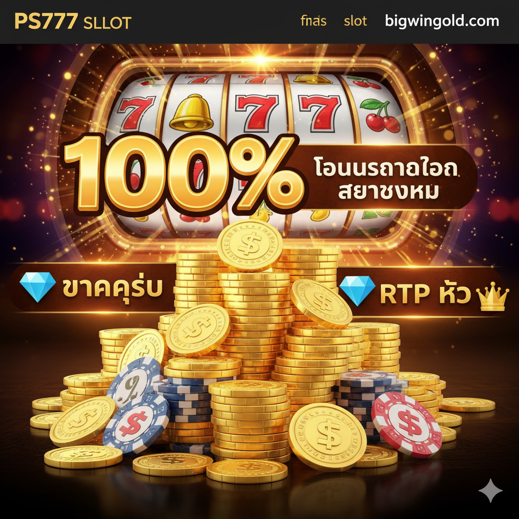 แสดงข้อดีของการได้รับ 'เครดิตฟรี 100%' และอัตราการแจ็คพอตสูง องค์ประกอบหลักคือชิปและเงินรางวัลสีทองกองพะเนิน มีตัวเลข '100%' ขนาดใหญ่และข้อความ 'โบนัสต้อนรับสมาชิกใหม่' พร้อมเน้นย้ำ 'แตกง่าย' และ 'RTP สูง' เพื่อแสดงศักยภาพในการทำกำไรของแพลตฟอร์ม bigwingold