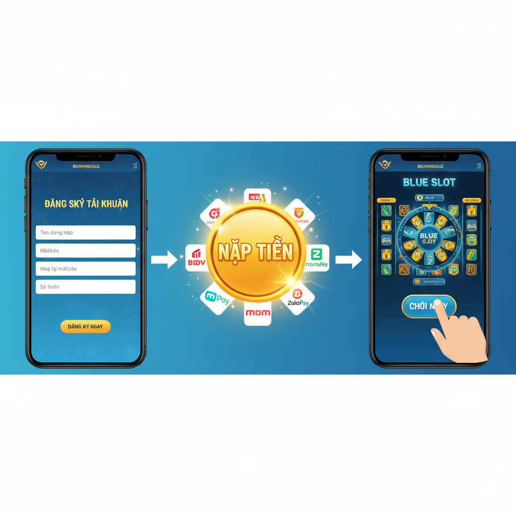 Hình ảnh hướng dẫn minh họa quy trình tham gia game, tập trung vào Đăng Ký và Nạp Tiền. Bố cục 3 bước rõ ràng (từ trái sang phải hoặc từ trên xuống dưới). Bước 1: Màn hình điện thoại hiển thị giao diện 'Đăng Ký' (Register). Bước 2: Một biểu tượng 'NẠP TIỀN' (Deposit) lớn màu vàng kim với hình ảnh các phương thức thanh toán phổ biến tại Việt Nam (biểu tượng ngân hàng, Momo, ZaloPay). Bước 3: Một bàn tay đang nhấn nút 'CHƠI NGAY' trên giao diện chính của Blue Slot. Sử dụng tông màu xanh-trắng-vàng, sạch sẽ, dễ nhìn, tạo sự tin cậy.