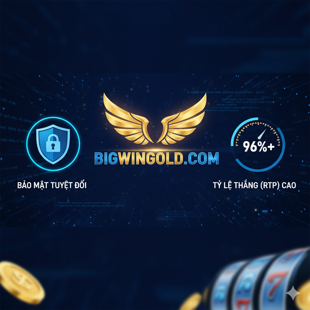 Hình ảnh nhấn mạnh các ưu điểm của Blue Slot tại Bigwingold: Uy tín và Tỷ Lệ Thắng (RTP) cao. Ảnh nên có một biểu tượng 'BIGWINGOLD' lớn. Ở hai bên là hai yếu tố chính: Bên trái là một lá chắn bảo mật màu xanh (Security Shield) có khóa (Lock icon) và chữ 'Bảo Mật Tuyệt Đối'. Bên phải là một đồng hồ đo hoặc biểu đồ với kim chỉ vào mức '96%+' (RTP cao), thể hiện sự công bằng và cơ hội thắng. Nền màu xanh dương đậm, có các đường mã hóa (code lines) hoặc chuỗi block-chain mờ, tượng trưng cho công nghệ hiện đại và minh bạch.