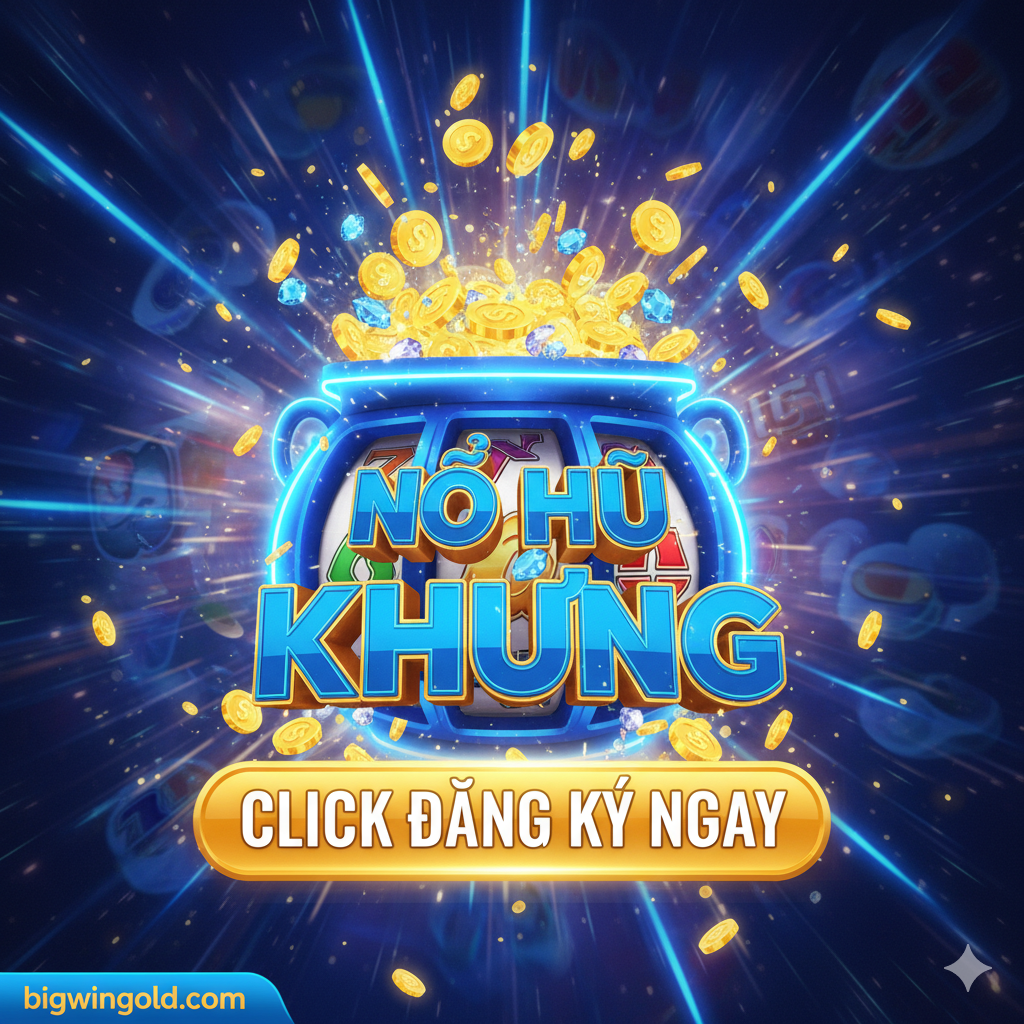 Hình ảnh tổng kết và kêu gọi hành động (CTA). Trung tâm là một Hũ Jackpot khổng lồ đang tràn ngập tiền vàng và đá quý, có chữ 'NỔ HŨ' hoặc 'JACKPOT KHỦNG' bằng font chữ 3D ấn tượng. Phía dưới hoặc bên cạnh, có một nút 'CLICK ĐĂNG KÝ NGAY' hoặc 'TẢI APP NGAY' màu vàng chói lọi, tạo sự thôi thúc. Xung quanh là các tia sáng và hiệu ứng tốc độ, tượng trưng cho cơ hội chiến thắng nhanh chóng. Ảnh cần tạo cảm giác phấn khích tột độ, sử dụng màu xanh neon và vàng kim loại để thu hút ánh nhìn.