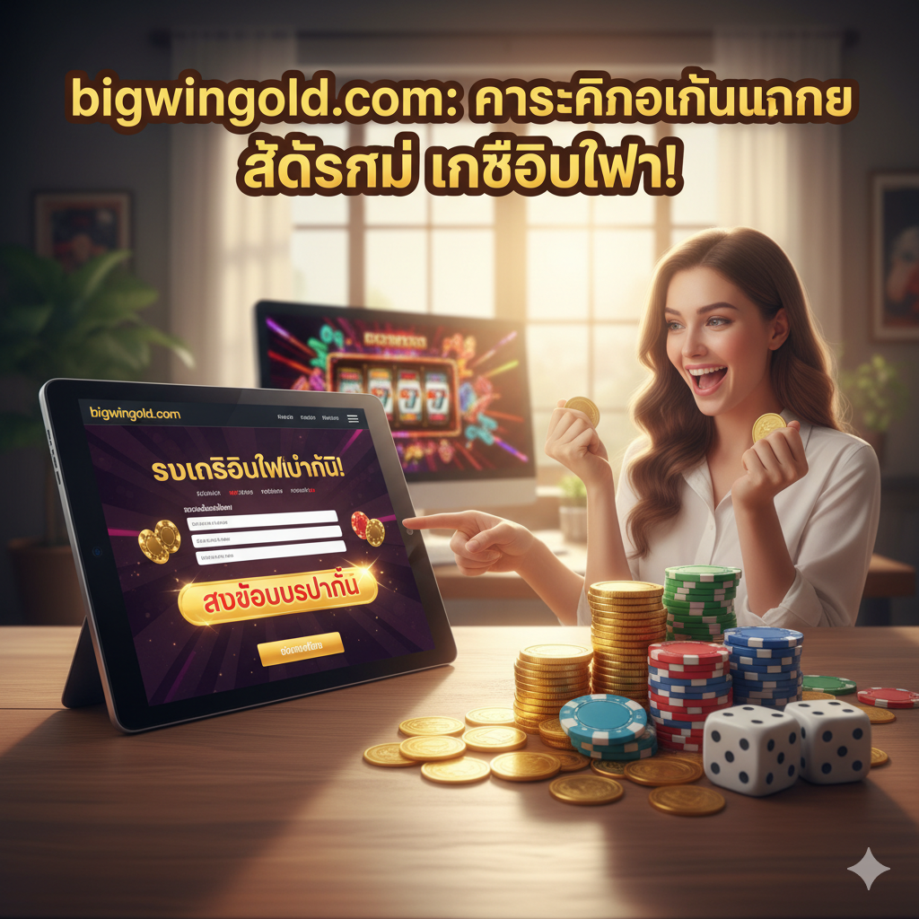 ภาพประกอบสำหรับส่วน 'เครดิตฟรีและโปรโมชั่นพิเศษ' แสดงขั้นตอนง่ายๆ ในการรับ 'เครดิตฟรี' และ 'โบนัสต้อนรับ' ของ bigwingold.com อาจเป็นภาพมือถือหรือคอมพิวเตอร์ที่กำลังแสดงหน้าจอการ 'สมัครสมาชิกใหม่' หรือ 'รับโบนัส' พร้อมกับกองเหรียญทองคำและชิปคาสิโนที่วางอยู่ข้างๆ เน้นปุ่ม 'รับโบนัสทันที' ที่มีสีแดงหรือสีทองโดดเด่น ภาพควรมีรอยยิ้มหรือความรู้สึกตื่นเต้นเพื่อกระตุ้นให้ผู้ใช้งานลงทะเบียน โทนสีสดใสและอบอุ่น