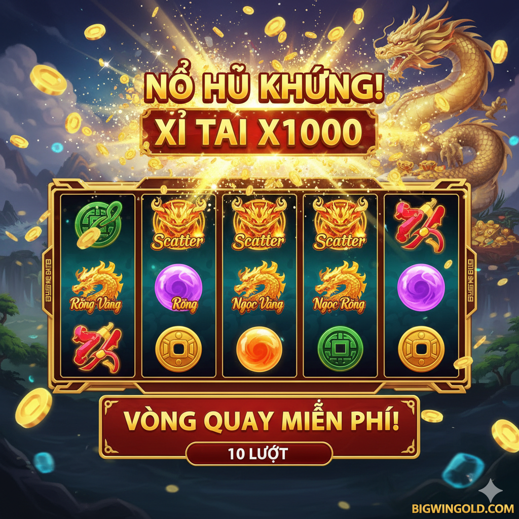 突出游戏的功能特性，特别是“Nổ Hũ Jackpot”和“Free Spin”。图片中央展示一个典型的5x3老虎机界面，卷轴上是Rồng Vàng（金龙）、Ngọc Rồng（龙珠/宝石）等高价值符号，重点是Scatter符号触发了Free Spin。在屏幕上方或侧边有一个巨大的、闪烁的“JACKPOT WINNER”或“X1000”的数字显示，周围有金币爆炸和飞溅的效果。色彩鲜艳，动画感强，强调高额奖金的视觉冲击力。