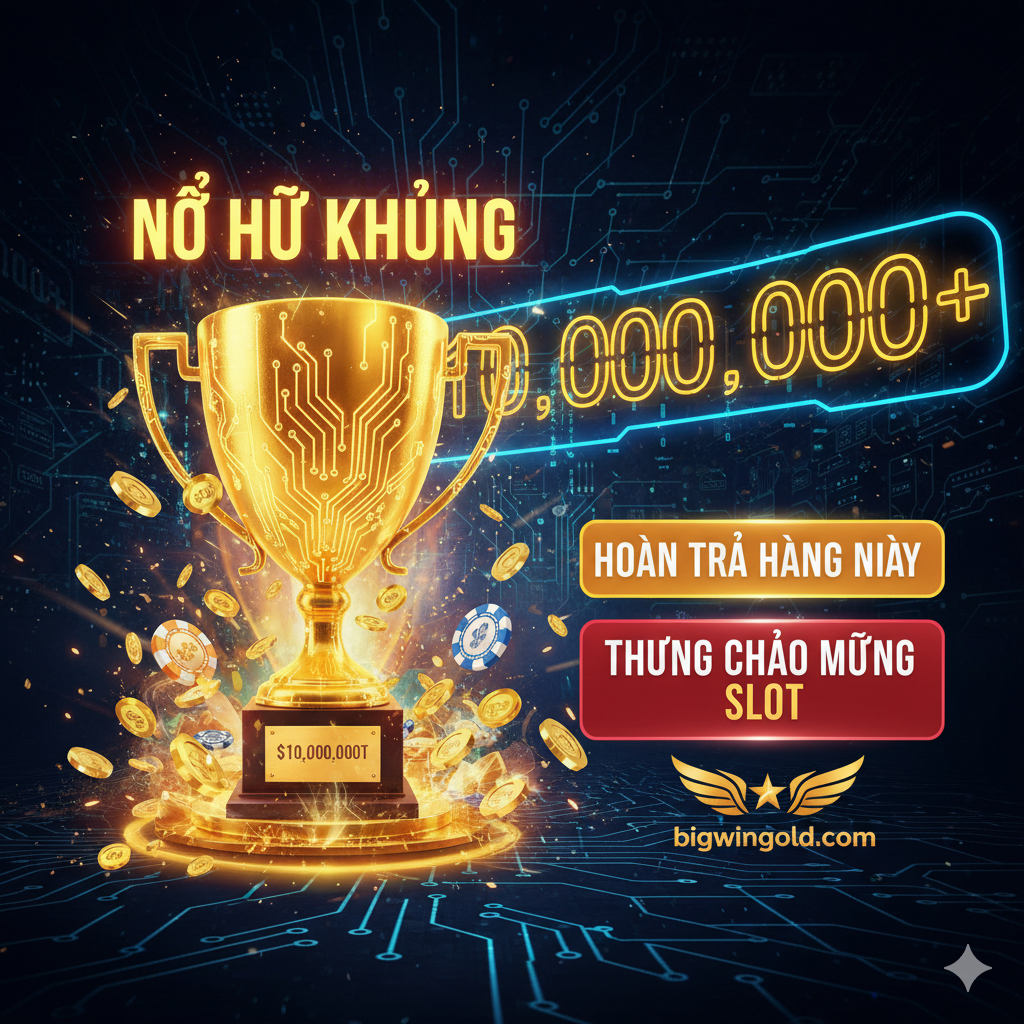 突显“Circuit Slot”高额“Jackpot”和“Khuyến Mãi”优势的图片。核心元素是一个巨大的、金色的“Grand Jackpot”奖杯或一个爆炸性的“Nổ Hũ”效果，奖金数字（如“$10,000,000+”）以霓虹字体在背景中闪烁。旁边有一个侧边栏或小标签，用越南语醒目标注“Hoàn Trả Hàng Ngày”和“Thưởng Chào Mừng Slot”，并配有Bigwingold的Logo。画面充满动态感和财富感，金色和红色是主要强调色，吸引用户对高回报的关注。
