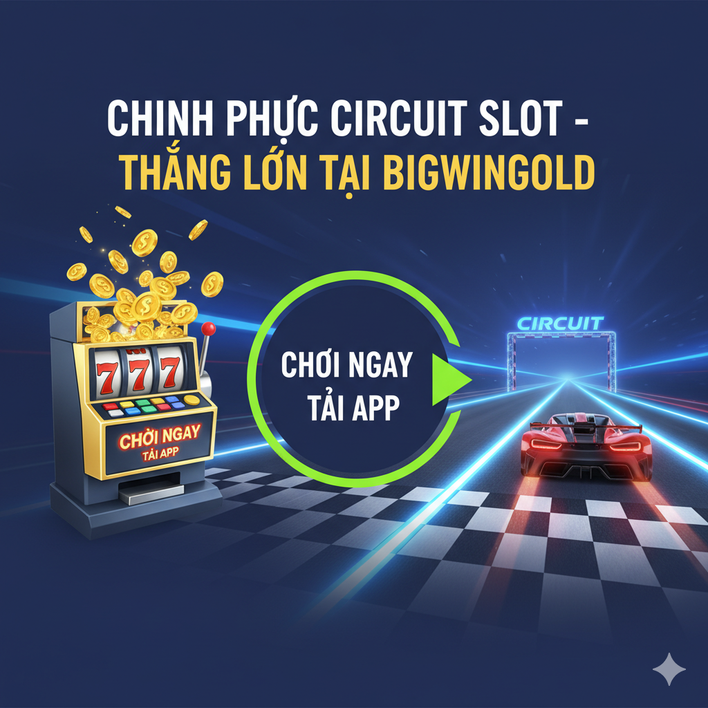 一张总结和呼吁行动（CTA）的图片。画面中心是一个醒目的、圆形的“CHƠI NGAY” hoặc “TẢI APP”按钮，配有箭头指向。背景是一个胜利的场景：Slot机器正在吐出金币，背景的“Circuit”赛道上有一个虚拟的赛车冲过终 điểm线，象征成功。图片上方用大号越南语字体写着“Chinh Phục Circuit Slot - Thắng Lớn Tại Bigwingold”。整体构图简洁有力，色彩明亮积极，激励用户立即点击，完成文章的最终转化目标。