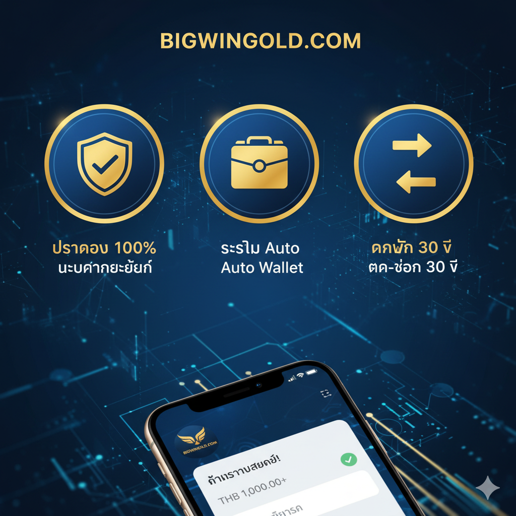 功能图片，重点展示bigwingold.com应用的核心功能：Auto Wallet 和 Web Direct。图片主要元素是三个圆形的图标，分别代表 'ปลอดภัย 100% ไม่ผ่านเอเย่นต์'（100% Safe, No Agent）、'ระบบ Auto Wallet'（Auto Wallet System）和 'ฝาก-ถอน 30 วิ'（Deposit-Withdraw 30 Seconds）。色彩使用明亮的科技蓝和金色。背景为抽象的数字流程或网络连接线。构图清晰地将三个功能并列展示，下方是手机屏幕的局部，显示一个快速完成的交易界面。