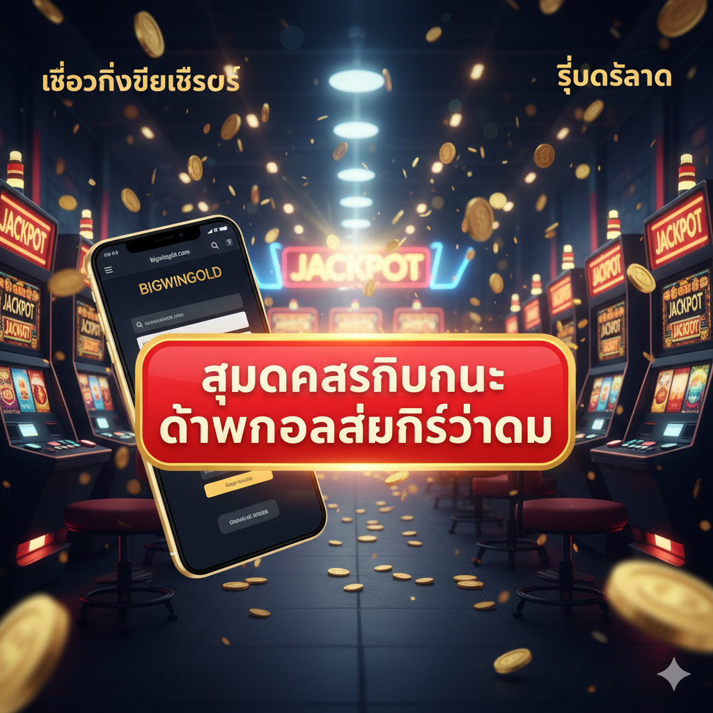 总结图片，旨在鼓励用户立即行动（Call to Action）。图片中央放置一个醒目的按钮或文字块，上面写着'สมัครสมาชิกและดาวน์โหลดแอปวันนี้'（Register and Download App Today）。背景是一个充满胜利感和财富感的场景，如闪烁的硬币雨、老虎机JACCKPOT灯光效果。画面应使用高对比度的颜色，如亮红色或金色与深色背景结合，手机模型上显示bigwingold.com的登陆界面。整体氛围应是积极、激励人心的，传递出'选择最优、停止搜索'的清晰信息。