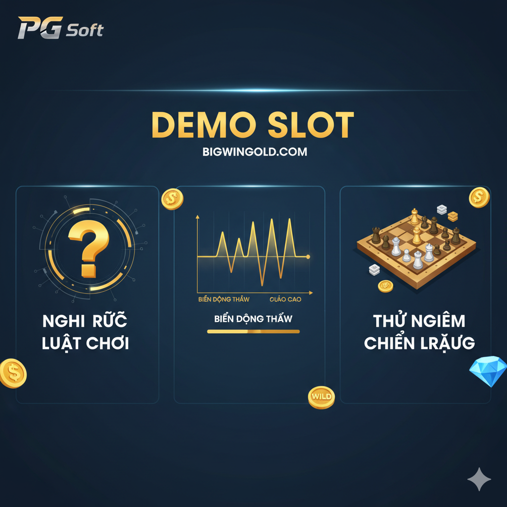 一张聚焦于游戏机制和学习优势的功能图。画面采用分屏或信息图表风格,深蓝色背景搭配明亮的金色/白色字体。展示三个主要元素:左侧是问号图标和'Nghiên Cứu Luật Chơi'(研究规则),中间是像心电图一样的波动曲线图,下方标注 'Volatility'(波动性)高低,右侧是一个策略棋盘和'Thử Nghiệm Chiến Lược'(尝试策略)。使用PG Soft标志性的3D效果游戏符号作为点缀,增强科技感和专业度,突出Demo版本的教育和测试价值。