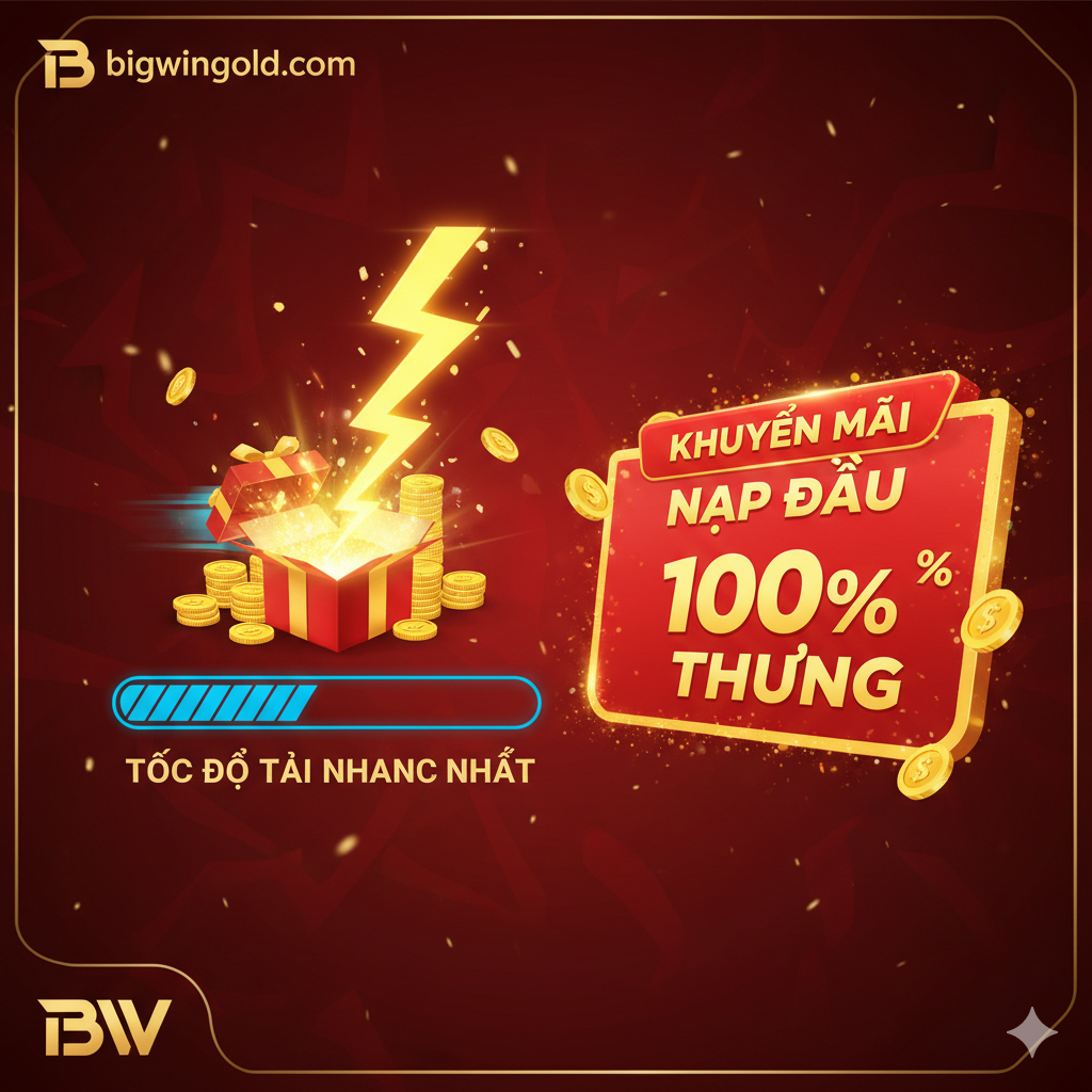 一张突出 bigwingold.com 平台优势的图片。核心视觉是象征速度的闪电符号和代表奖励的礼盒/硬币堆。画面采用对比构图:左侧是一个加载条飞快完成的动画效果(Tốc độ tải nhanh nhất),右侧是一个巨大的'100% Bonus'横幅(Khuyến Mãi Nạp Đầu 100% Thưởng),周围环绕着金色的胜利光芒。色彩鲜艳,以红色和金色为主,强调'独家'和'高效'。底部角落可带有bigwingold.com的Logo,增强品牌信任度。