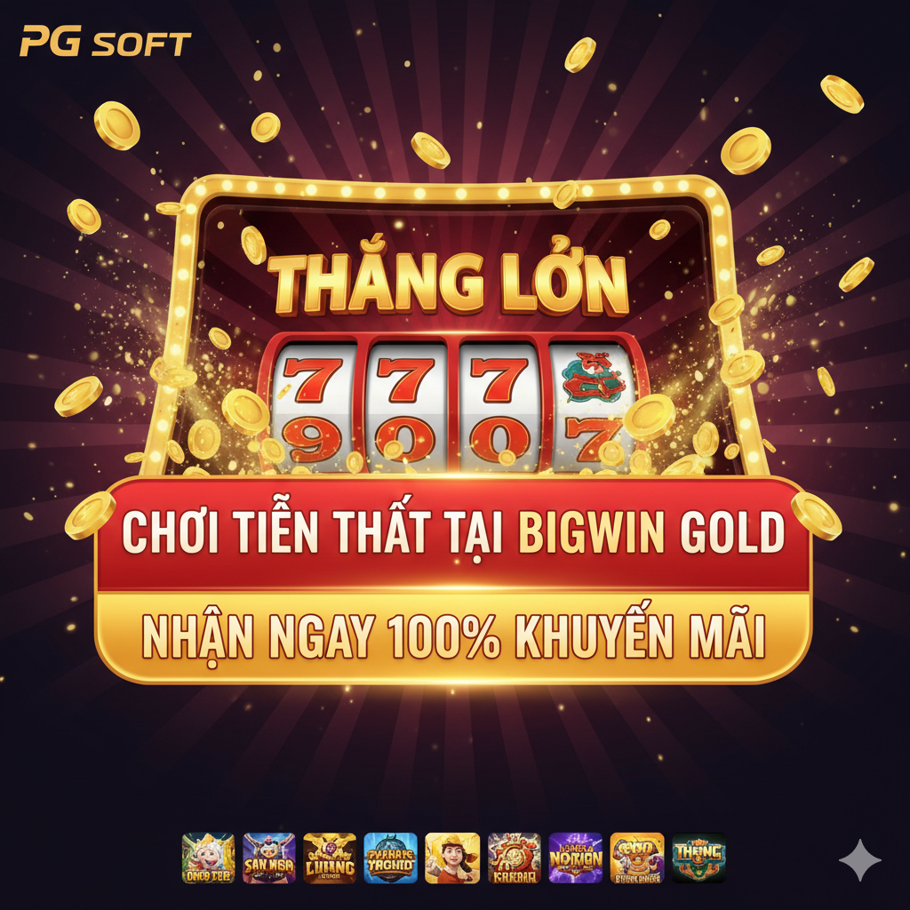 一张具有强大转化意图的总结图片。背景为一个胜利的庆祝场景,例如老虎机屏幕显示'BIG WIN'或爆炸的金色硬币。主要内容是一个巨大的、引人 chú ý的行为召唤(CTA)按钮/横幅,写有 'CHƠI TIỀN THẬT TẠI BIGWIN GOLD' 和 'NHẬN NGAY 100% KHUYẾN MÃI'。使用红色和金色等高饱和 độ色彩,制造紧迫感 và hứng thú。底部可配上一排热门PG Soft游戏的微小图标,象征完整的游戏库, khuyến khích người dùng hành động ngay lập tức。