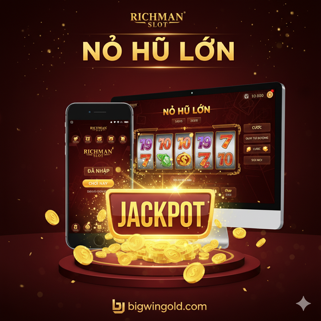 Hình ảnh bìa nổi bật, mang phong cách hiện đại, sang trọng, tập trung vào chủ đề 'richman slot login' và 'Nổ Hũ'. Hình ảnh trung tâm là một biểu tượng Jackpot/Nổ Hũ VÀNG RỰC RỠ, có ánh sáng chói lòa, đặt phía sau là hình ảnh một chiếc điện thoại di động (hoặc màn hình PC) đang hiển thị giao diện đăng nhập/vào game của Richman Slot. Sử dụng tông màu chủ đạo là vàng, đen và đỏ đậm để tạo cảm giác giàu có và kích thích. Phía dưới có logo mờ của bigwingold.com (hoặc tên miền). Chú trọng vào hiệu ứng 3D và sự chuyển động (tia sáng, đồng tiền vàng bay lên) để thu hút người xem.