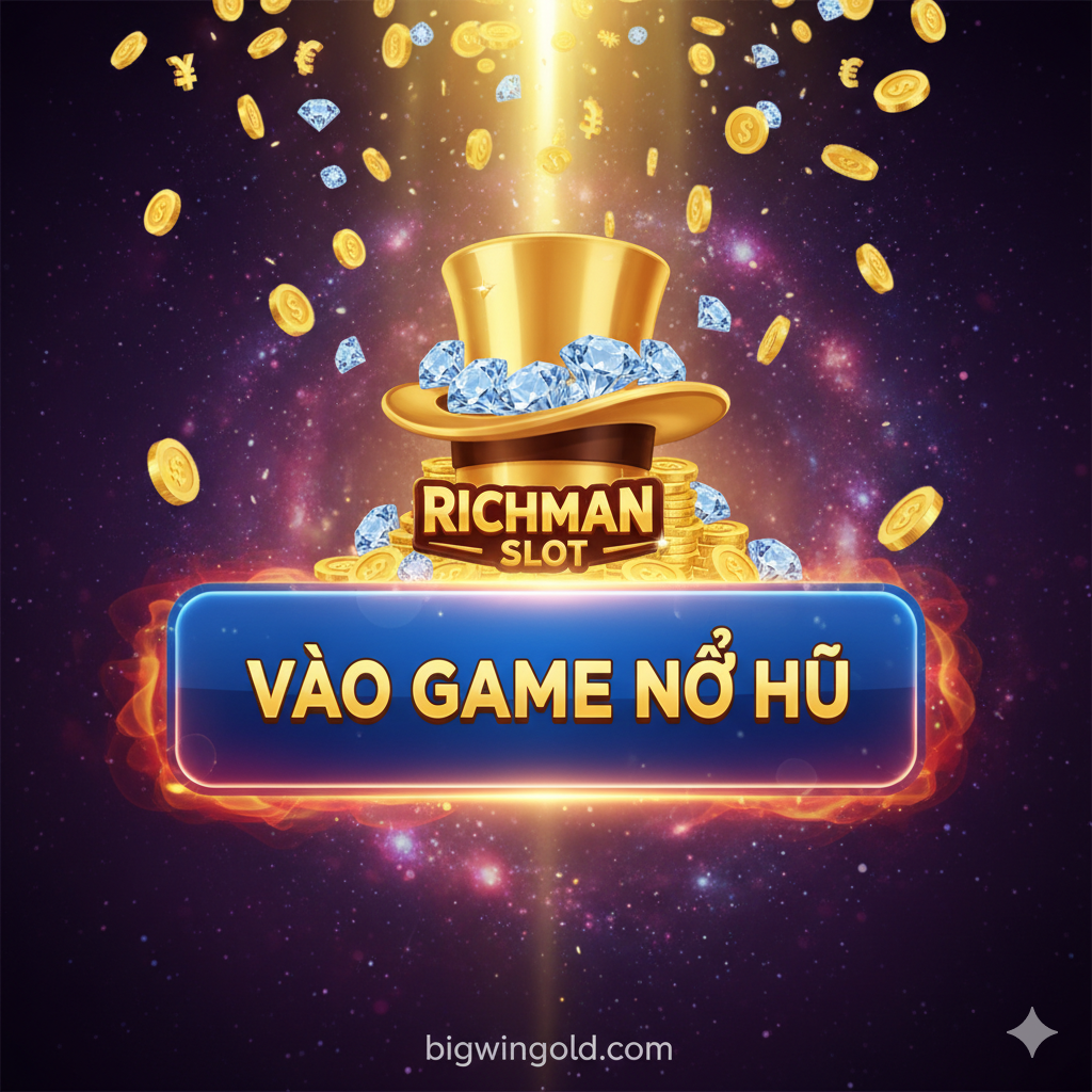 Ảnh tổng kết và Kêu Gọi Hành Động (CTA) cuối cùng. Hình ảnh nên là một nút bấm lớn, lôi cuốn với dòng chữ 'ĐĂNG NHẬP NGAY' hoặc 'VÀO GAME NỔ HŨ' màu trắng/vàng nổi bật trên nền đỏ/xanh đậm. Đặt nút này ở vị trí trung tâm, kèm theo các yếu tố hỗ trợ như một luồng ánh sáng mạnh mẽ hoặc cơn mưa đồng tiền vàng từ trên trời rơi xuống. Phía trên nút có thể là biểu tượng Richman Slot (ví dụ: chiếc mũ giàu có hoặc kim cương) để nhấn mạnh sự 'uy tín' và 'giàu có'. Mục đích là tạo cảm giác khẩn cấp và cơ hội lớn để thúc đẩy hành động cuối cùng của người đọc.