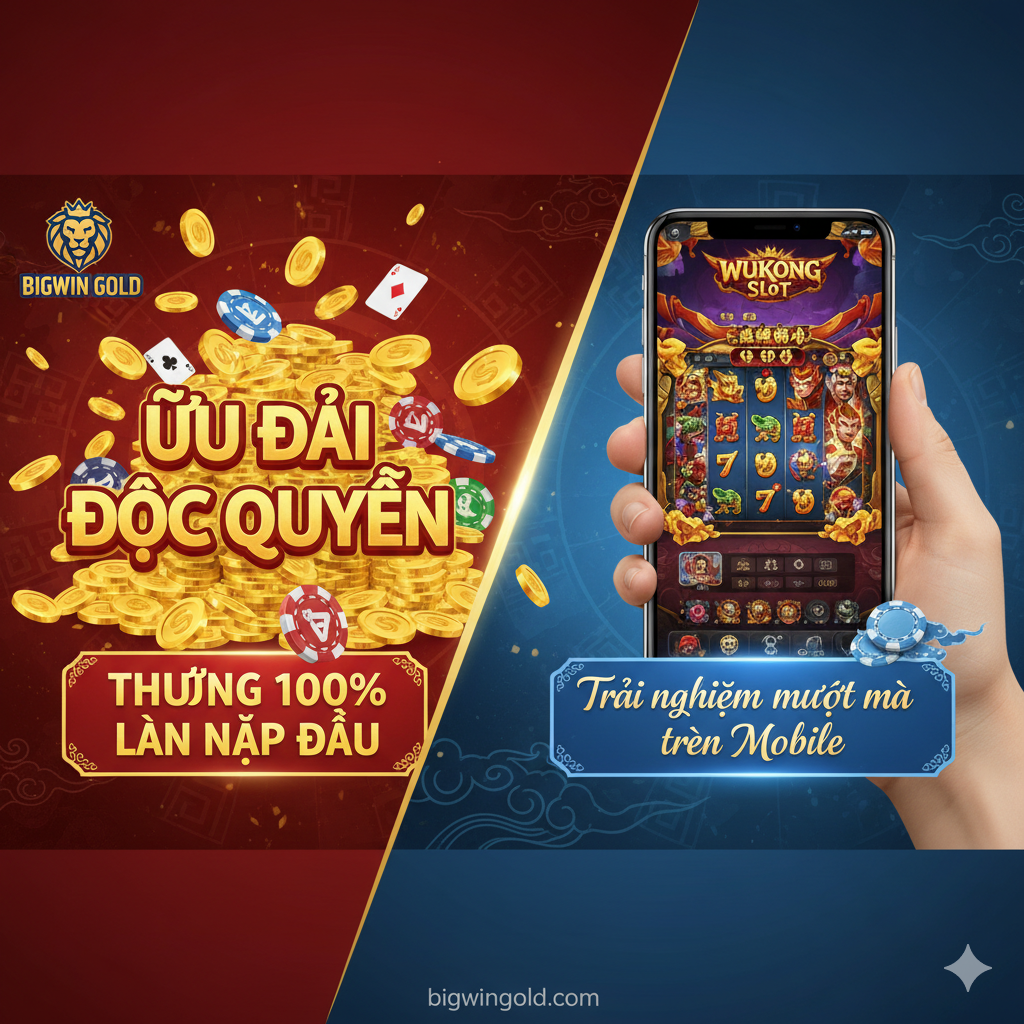 Một hình ảnh突出在Bigwin Gold玩Wukong Slot的优势的宣传图。画面采用左右或上下对比构图，左侧突出'Ưu Đãi Độc Quyền' (Exclusive Bonus)的文字和金币、筹码等元素，例如'Thưởng 100% Lần Nạp Đầu'的横幅。右侧重点展示移动端优化的优势，一个手机屏幕上清晰地显示Wukong Slot的游戏画面，突出'Trải nghiệm mượt mà trên Mobile'（移动端流畅体验）。整体色调应使用Bigwin Gold的品牌色（如蓝/金/红），营造出安全、可靠 và high-return platform image。