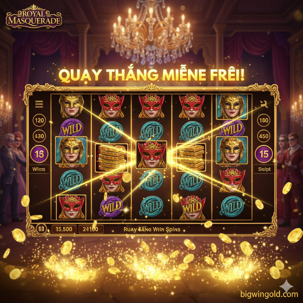 Hình ảnh minh họa tính năng 'Win Spins' độc quyền. Trung tâm là ảnh chụp màn hình hoặc mô phỏng giao diện game khi tính năng này được kích hoạt: các cuộn quay đang dừng lại và có 3+ biểu tượng Scatter (Mặt nạ đỏ) nổi bật. Phía trên cuộn quay có hiệu ứng ánh sáng vàng rực rỡ và dòng chữ '5 WIN SPINS GUARANTEED WIN' (hoặc tương đương). Bố cục nên tập trung vào cơ chế Win Spins và Stacked Wilds (Wild xếp chồng đầy đủ một cuộn quay) để thể hiện tiềm năng thắng lớn. Màu sắc tươi sáng, rực rỡ hơn so với ảnh cover, thể hiện sự phấn khích khi nổ hũ.