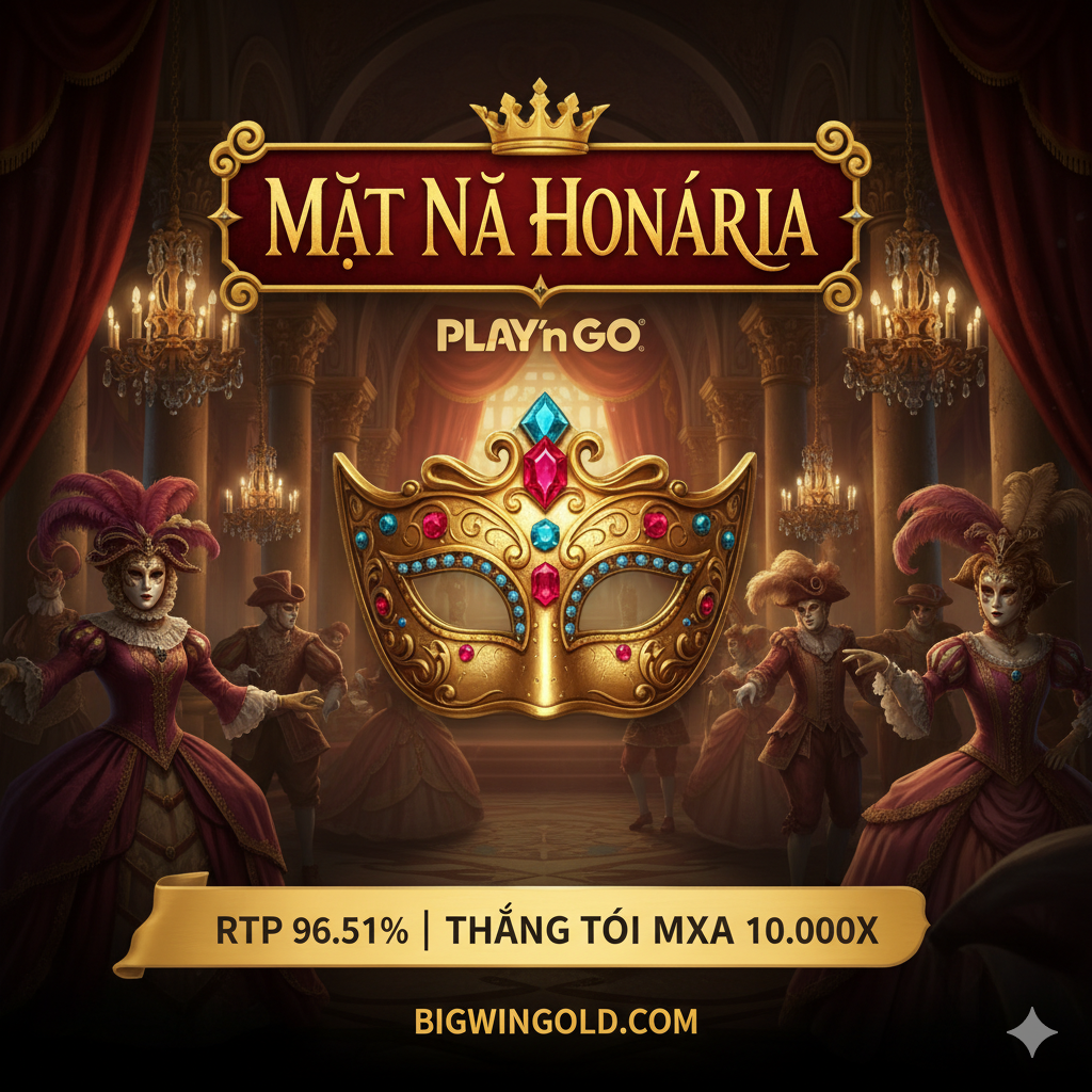 Một bức ảnh hướng dẫn tập trung vào giao diện người dùng cơ bản của game. Hiển thị rõ ràng khu vực 'Đặt cược' (Coin Value, Coins) và nút 'Spin' lớn màu xanh lá cây ở góc dưới màn hình. Hình ảnh nên có các mũi tên hoặc chỉ báo đơn giản hướng dẫn người dùng các bước 'Chọn cược' (Select Bet) và 'Bắt đầu quay' (Start Spin). Phông nền là giao diện 5x3 của game với một số biểu tượng trả thưởng cao (quý tộc đeo mặt nạ). Mục đích là giúp người chơi mới tại BigwinGold.com dễ dàng làm quen với cách chơi cơ bản. Phong cách rõ ràng, trực quan.