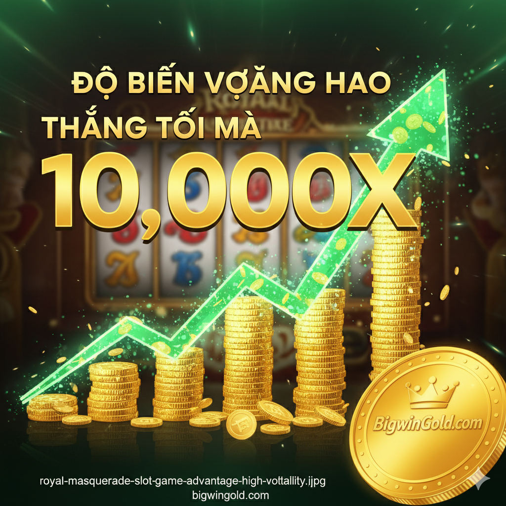 Hình ảnh nhấn mạnh hai ưu điểm chính: 'Độ Biến Động Cao' và 'Thắng Tối Đa 10,000x'. Bố cục là một biểu đồ tăng trưởng hoặc một dòng tiền khổng lồ (jackpot) đang nổ tung phía sau các cuộn quay. Màu sắc chủ đạo là vàng kim và xanh lục (màu tiền). Có thể thêm một biểu tượng đồng xu vàng khổng lồ in logo BigwinGold.com ở góc. Mục tiêu là truyền tải cảm giác rủi ro cao đi kèm với phần thưởng cực kỳ lớn (High Risk, High Reward), thu hút người chơi săn tìm nổ hũ. Phông chữ to, nổi bật cho các thông số 10,000X.
