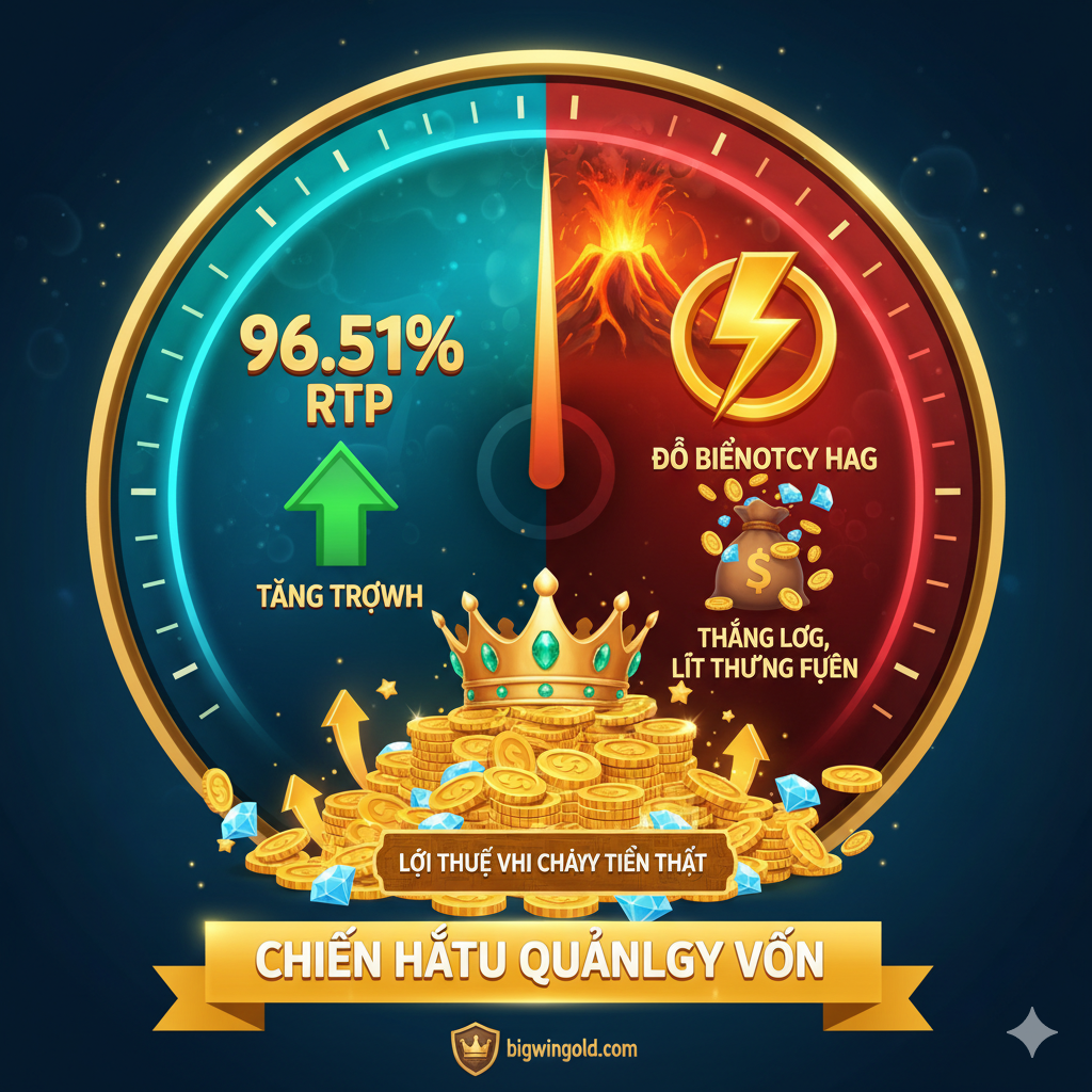 Hình ảnh thể hiện lợi thế kỹ thuật của trò chơi (RTP 96.51% và Độ Biến động Cao). Hình ảnh có thể là một biểu đồ tăng trưởng hoặc một đồng hồ đo lớn, một nửa hiển thị con số '96.51% RTP' với màu xanh tin cậy, và nửa kia là một biểu tượng sấm sét hoặc ngọn núi lửa tượng trưng cho 'Volatility Cao' (thắng lớn, ít thường xuyên). Bên dưới là một chồng tiền hoặc kim cương, ngụ ý phần thưởng tiềm năng. Thiết kế phải mang tính chất thông tin nhưng hấp dẫn, sử dụng các mũi tên 'UP' (Tăng) hoặc các biểu tượng thành công để củng cố ý nghĩa 'lợi thế khi chơi soldi veri' của trò chơi này.