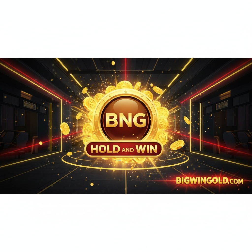 Ảnh bìa chính, nổi bật thương hiệu Booongo (BNG) và bigwingold.com. Hình ảnh phải thể hiện sự sang trọng, hiện đại của sòng bạc trực tuyến. Trung tâm là logo BNG hoặc hình ảnh nổi bật của tính năng "Hold and Win" (ví dụ: các biểu tượng tiền xu/ngọc rồng vàng lấp lánh). Phía dưới hoặc góc phải có logo/tên bigwingold.com rõ ràng với ánh sáng vàng/đỏ rực rỡ, tượng trưng cho chiến thắng và sự giàu có. Màu sắc chủ đạo là vàng, đen, và đỏ, tạo cảm giác kịch tính và mời gọi người chơi.