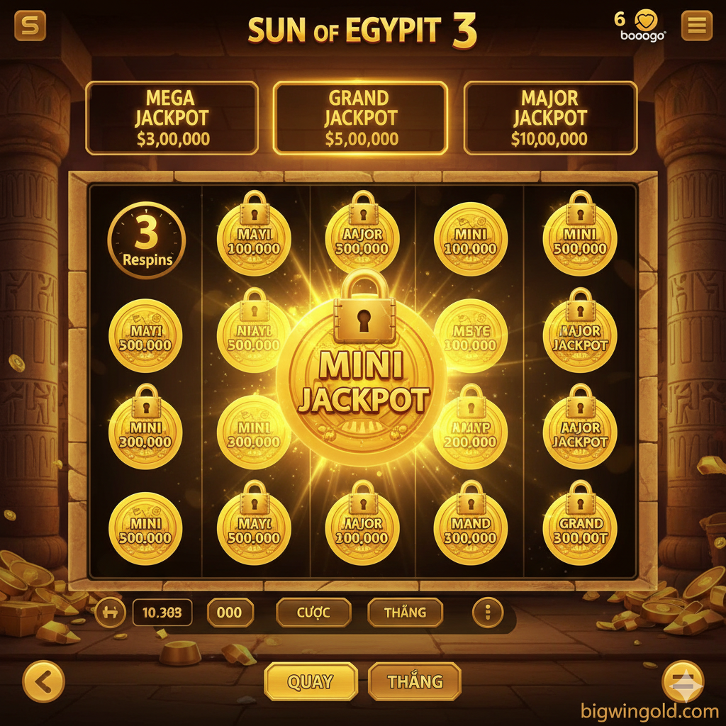 Hình ảnh minh họa tính năng "Hold and Win" độc quyền của Booongo. Tập trung vào màn hình game slot đang ở chế độ Bonus Game (ví dụ: Sun of Egypt 3 hoặc 15 Dragon Pearls). Hiển thị rõ các biểu tượng thưởng (Bonus Symbols) màu vàng kim loại có giá trị tiền mặt hoặc Jackpot được khóa lại (lock-in) trên các ô quay. Một hiệu ứng ánh sáng mạnh mẽ nên tập trung vào cụm biểu tượng này, cùng với đồng hồ đếm ngược số lượt quay lại (3 Respins) và các chữ MEGA/GRAND Jackpot. Phong cách đồ họa 3D, chi tiết sắc nét.