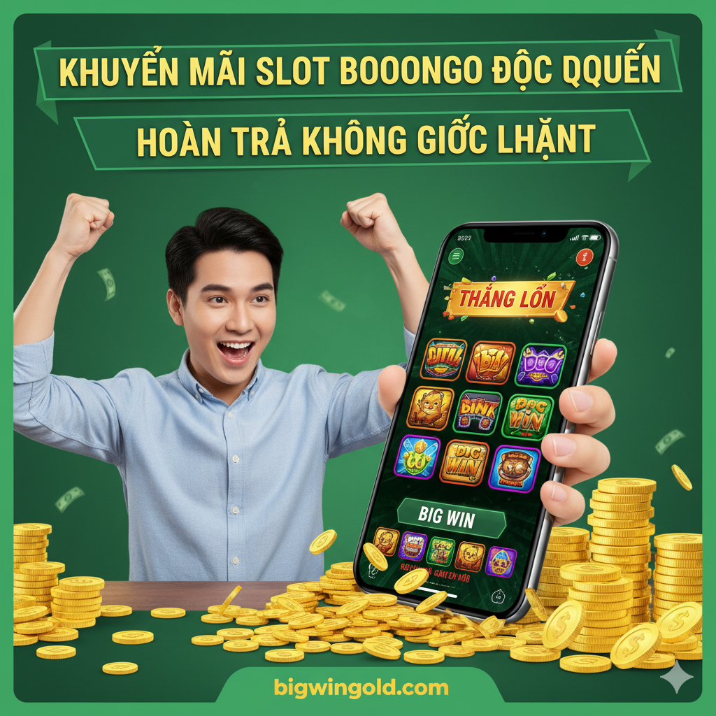 Hình ảnh nhấn mạnh ưu đãi độc quyền khi chơi Booongo tại bigwingold. Thể hiện một người chơi đang vui mừng với màn hình chiến thắng lớn (BIG WIN) trên điện thoại di động. Phía trên màn hình hoặc bên cạnh là các biểu ngữ nổi bật như "KHUYẾN MÃI SLOT BOOONGO ĐỘC QUYỀN" và "HOÀN TRẢ KHÔNG GIỚI HẠN" với phông chữ lớn, bắt mắt. Có thể lồng ghép hình ảnh một chồng tiền vàng hoặc các đồng xu đổ ra để tăng tính hấp dẫn về mặt tài chính. Màu sắc tươi sáng, năng động (xanh lá, vàng, đỏ).