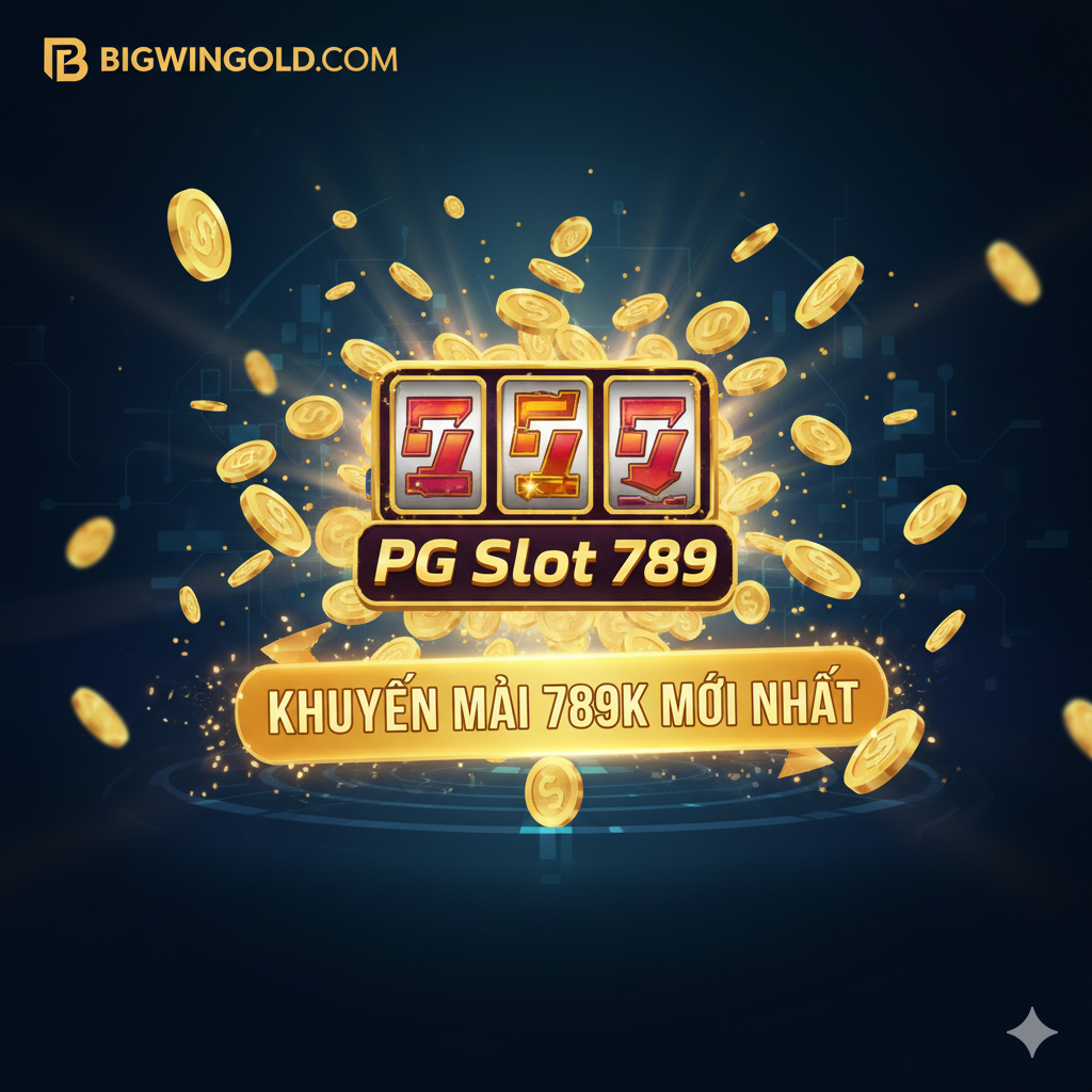 Thiết kế một trang bìa bắt mắt với chủ đề 'PG Slot 789' và 'Bigwingold'. Màu sắc chủ đạo là vàng và xanh đậm/tím, tạo cảm giác sang trọng và công nghệ cao. Trung tâm nổi bật logo 'PG Slot 789' hoặc biểu tượng máy slot, quay xung quanh là đồng xu vàng và chip bay. Thêm một huy hiệu vàng hoặc biểu ngữ ở vị trí nổi bật ghi 'Khuyến Mãi 789K Mới Nhất'. Bố cục có tác động thị giác mạnh mẽ, làm nổi bật đồ họa cao cấp của trò chơi PG Soft và độ tin cậy của nền tảng Bigwingold.