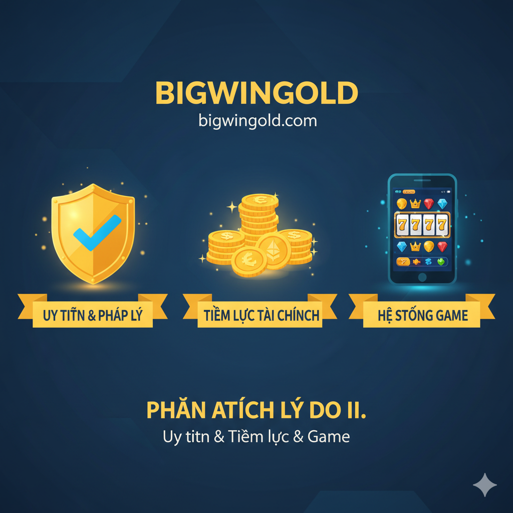 Hình ảnh minh họa cho các yếu tố cốt lõi (Uy tín, Tiềm lực, Hệ thống game) của BIGWINGOLD. Thiết kế dạng infographic tối giản hoặc 3 biểu tượng lớn xếp hàng ngang. Biểu tượng 1: Tấm khiên vàng với dấu tick (minh họa Uy tín/Pháp lý). Biểu tượng 2: Một chồng tiền xu vàng hoặc đồng tiền Crypto (minh họa Tiềm lực Tài chính/Thanh toán tức thì). Biểu tượng 3: Một màn hình điện thoại di động hiển thị giao diện Slot game cuốn hút (minh họa Hệ thống Game Đỉnh cao). Sử dụng màu vàng kim và xanh dương đậm để tạo cảm giác chuyên nghiệp.