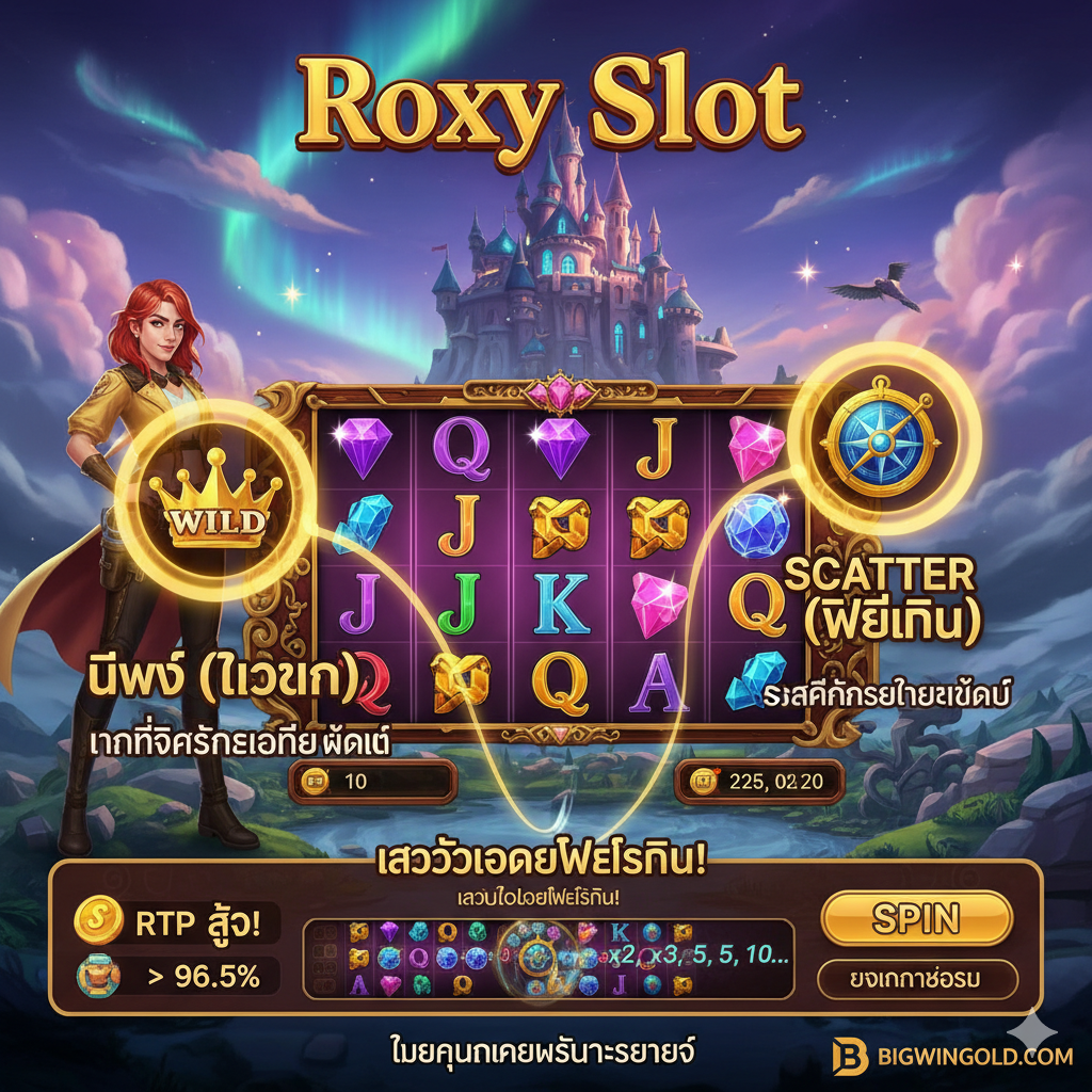 ภาพแสดงคุณสมบัติหลักของเกมสล็อต Roxy Slot ในรูปแบบกราฟิกอินโฟกราฟิกที่น่าสนใจ แสดงหน้าจอจำลองของเกม 5 วงล้อ 3 แถว โดยมีการวงกลมหรือไฮไลท์ที่สัญลักษณ์สำคัญ: 1. สัญลักษณ์ Wild (แทนที่) และ 2. สัญลักษณ์ Scatter (เปิดฟรีสปิน) มีไอคอนเพิ่มเติมระบุค่า RTP สูงกว่า 96.5% และแสดงภาพจำลองของการเข้าสู่โหมด Free Spin โดยมีตัวคูณ (Multiplier) เพิ่มขึ้นอย่างต่อเนื่อง ใช้สีสันสดใสของเกมเพื่อดึงดูดความสนใจ ให้ข้อมูลที่เป็นประโยชน์แก่นักเดิมพัน