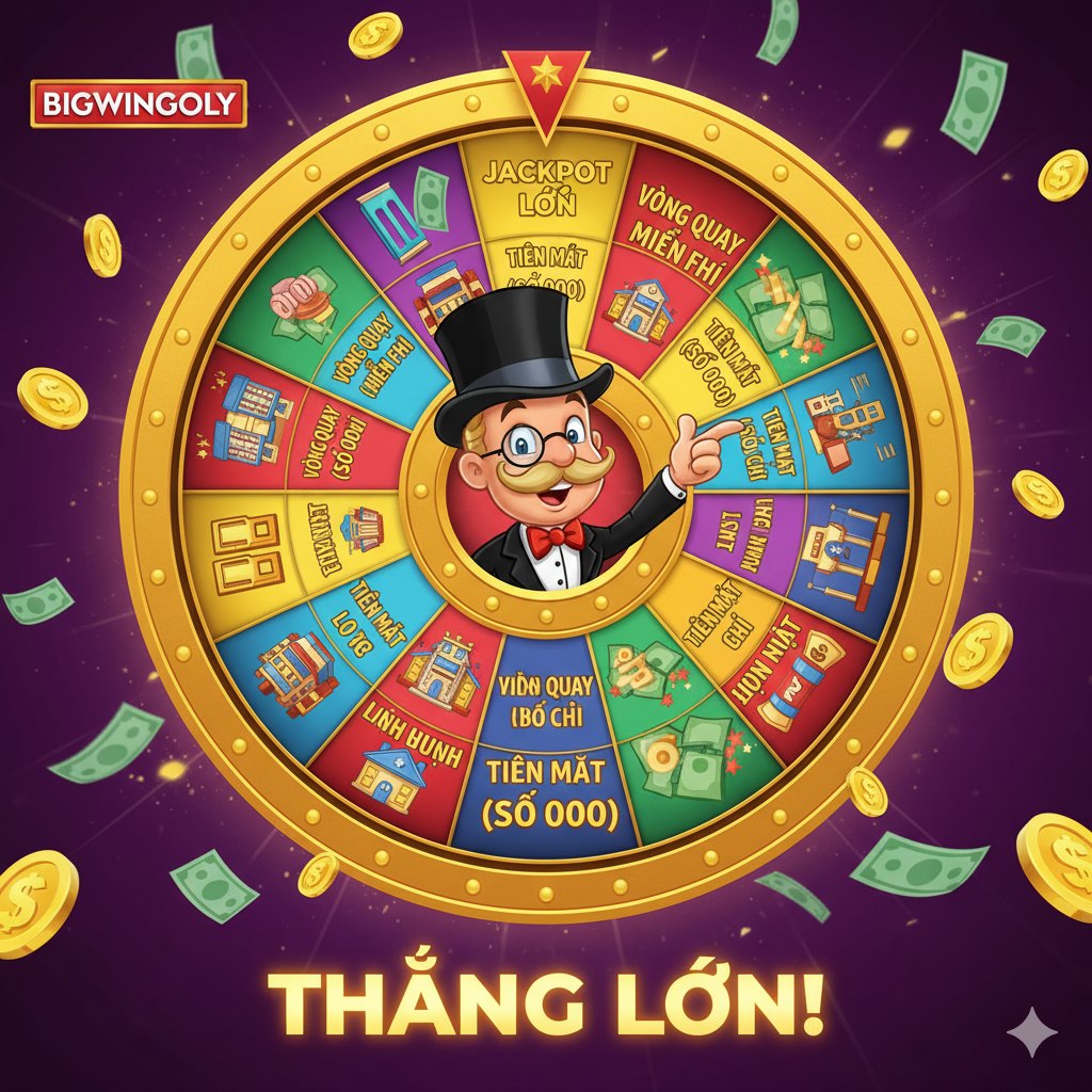 Hình ảnh trung tâm là một Vòng Quay May Mắn (Bonus Wheel) với các phần thưởng lớn như JACKPOT, FREE SPINS, Cash Prize, được bao quanh bởi tiền vàng và Ông Tỷ Phú (Mr. Monopoly) đang mỉm cười.