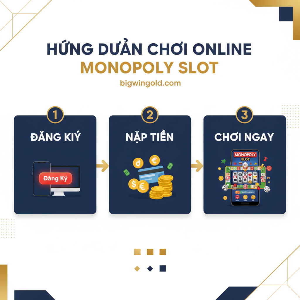 Biểu đồ tiến trình 3 bước đơn giản và hiện đại (1-2-3) với màu sắc thương hiệu của bigwingold.com: 1. Đăng Ký (biểu tượng máy tính/điện thoại), 2. Nạp Tiền (biểu tượng thẻ ngân hàng), 3. Chơi Ngay (biểu tượng màn hình game Monopoly Slot).