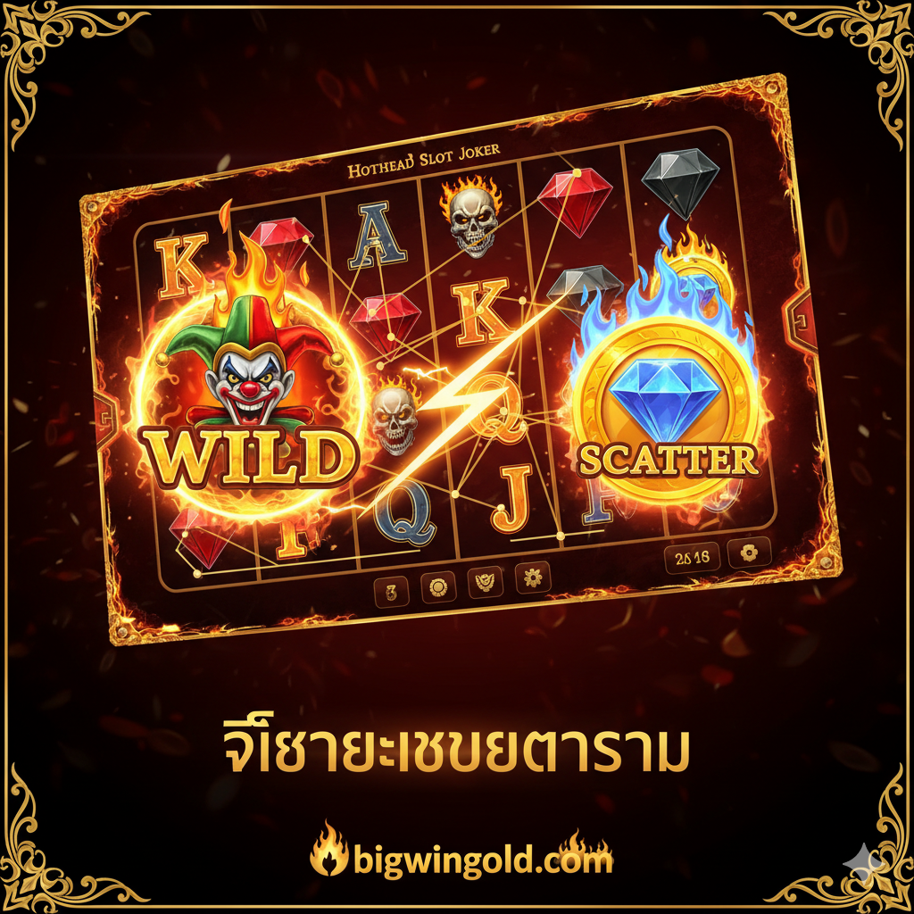 ภาพแสดงฟีเจอร์เด่นของเกม Hothead Slot Joker เน้นที่สัญลักษณ์ Wild (Joker) และ Scatter (อาจเป็นเหรียญทองหรือเพชรที่ลุกเป็นไฟ) โดยทั้งสองสัญลักษณ์ถูกเน้นขนาดใหญ่และมีเอฟเฟกต์แสงสว่างหรือเปลวไฟล้อมรอบ แสดงให้เห็นถึงพลังของการจ่ายรางวัล พื้นหลังเป็นหน้าจอเกมสล็อตแบบ 5 วงล้อที่มีเพย์ไลน์เชื่อมโยงแบบสุ่ม เพื่อแสดงให้เห็นว่าฟีเจอร์เหล่านี้ทำงานอย่างไร โทนสีเน้นความดุดันของสีดำ สีแดงเข้ม และสีทอง เพื่อสื่อถึงกลไกการจ่ายที่ดุเดือด