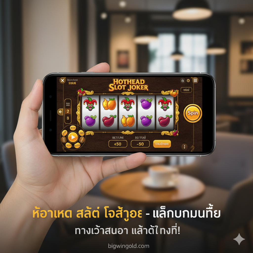 ภาพจำลองการเล่น Hothead Slot Joker บนหน้าจอมือถือ (สมาร์ทโฟน) ในแนวนอน แสดงให้เห็นถึงความสะดวกในการเข้าเล่นผ่าน 'hothead slot joker ทางเข้า' มือถือ หน้าจอเกมสล็อตควรแสดงผลเต็มจอพร้อมปุ่มควบคุมที่ใช้งานง่าย เช่น ปุ่ม Spin และปุ่ม Bet/Line ที่ชัดเจน มีมือถือถืออยู่ในมือ (อาจเป็นภาพซ้อน) เพื่อเน้นย้ำถึงการเล่นได้ทุกที่ทุกเวลา (Mobile Play) และด้านหลังมีฉากหลังที่เป็นสถานที่สบายๆ เช่น โซฟาหรือคาเฟ่ เพื่อสื่อถึงความยืดหยุ่น