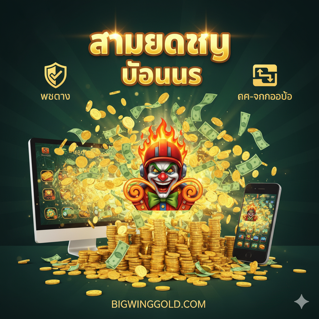 ภาพสื่อถึงข้อได้เปรียบของการเล่นที่ Bigwingold.com เน้นที่ผลลัพธ์คือ 'รางวัลใหญ่' (Big Win) และความน่าเชื่อถือ องค์ประกอบควรประกอบด้วยกองเหรียญทองหรือธนบัตรจำนวนมากที่พุ่งออกมาจากหน้าจอคอมพิวเตอร์หรือมือถือ พร้อมข้อความ 'Trophy' หรือ 'Big Win' ในแบบอักษรที่โดดเด่นและมีประกายแสง (Glow) ด้านข้างมีไอคอนเล็กๆ ที่สื่อถึง 'เว็บตรง' และ 'ฝาก-ถอนออโต้' เพื่อเน้นย้ำความน่าเชื่อถือ โทนสีใช้สีเขียวของเงินตราและสีทองของเหรียญเพื่อสื่อถึงความมั่งคั่ง