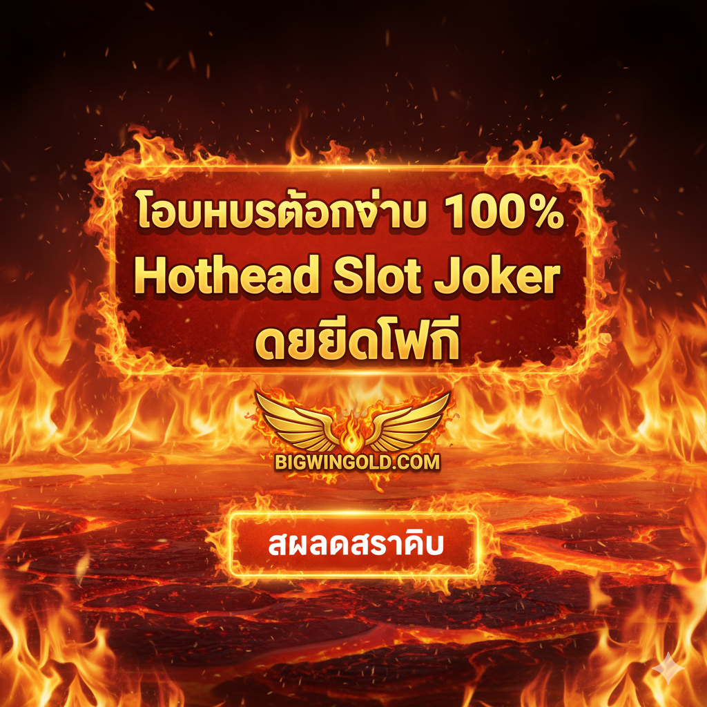 ภาพสรุปและกระตุ้นการสมัคร โดยเน้นไปที่ 'โปรโมชั่นหัวร้อน' และ 'เครดิตฟรี' องค์ประกอบหลักคือป้ายแบนเนอร์ขนาดใหญ่ที่ระบุ 'โบนัสต้อนรับ 100%' หรือ 'Hothead Slot เครดิตฟรี' โดยมีโลโก้ Bigwingold.com วางอยู่ในตำแหน่งที่ชัดเจน ภาพควรมีพื้นหลังเป็นไฟหรือพื้นผิวที่ร้อนระอุเพื่อสื่อถึงโปรโมชั่น 'หัวร้อน' มีปุ่ม Call-to-Action ที่ออกแบบให้เป็นปุ่มกดที่ลุกเป็นไฟหรือมีแสงนีออนส่องสว่าง พร้อมข้อความ 'สมัครสมาชิก' เพื่อกระตุ้นให้ผู้เล่นคลิกและเริ่มเล่น