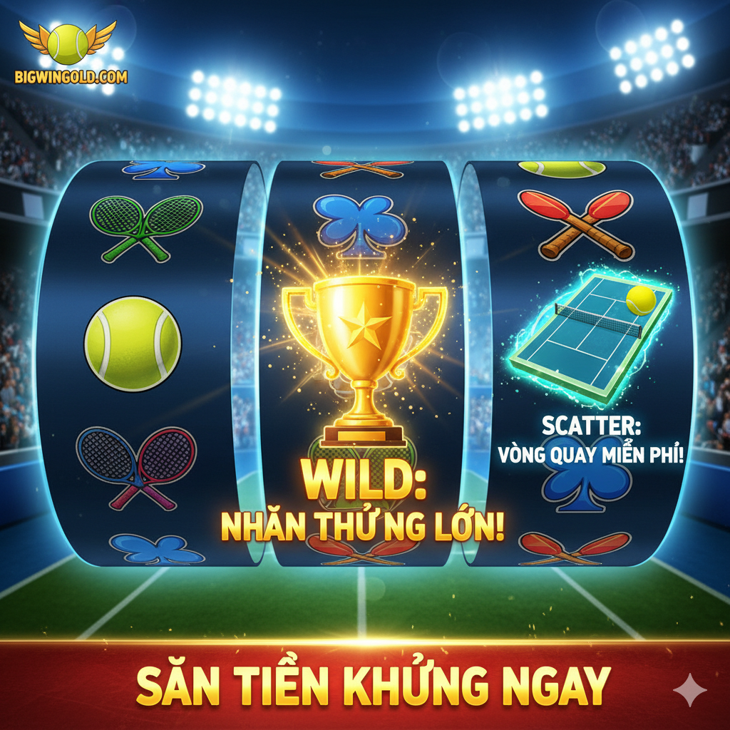 Ảnh chụp cận cảnh cuộn quay slot tập trung vào các biểu tượng cốt lõi: Wild (Cúp Vô Địch) và Scatter (Sân Tennis). Các biểu tượng này được phóng đại với hiệu ứng lấp lánh và có dòng chữ Việt giải thích: WILD: Nhân Thưởng, SCATTER: Free Spin, nhấn mạnh tiềm năng 'Ăn Tiền'.