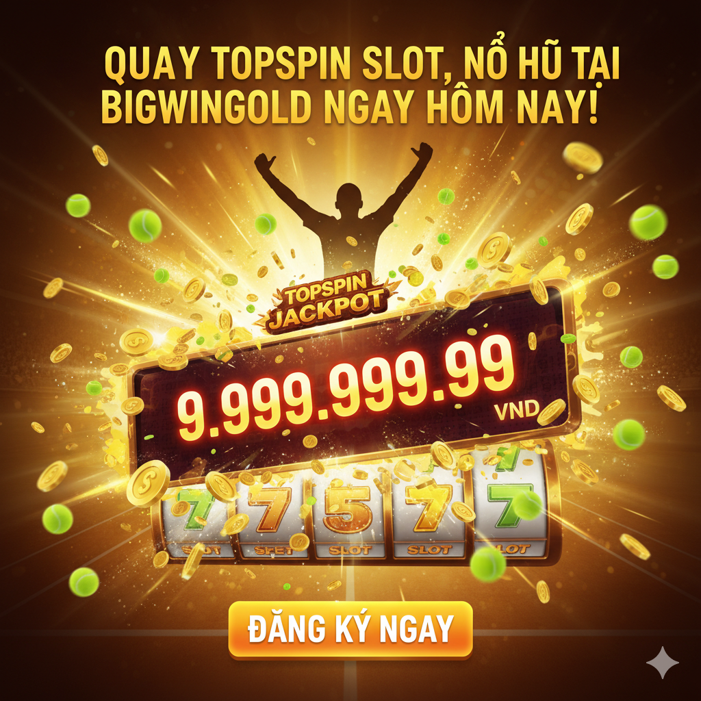 Một hình ảnh kết thúc mang tính hành động. Màn hình Jackpot lớn và hoạt động trên các cuộn của Topspin Slot, có tiền vàng và bóng tennis bay ra. Hình bóng của một vận động viên tennis chiến thắng đang ăn mừng ở phía sau. Có câu khẩu hiệu in đậm bằng tiếng Việt: 'Quay Topspin Slot, Nổ Hũ Tại Bigwingold Ngay Hôm Nay!' cùng một hình ảnh nút kêu gọi hành động 'Đăng Ký Ngay'.