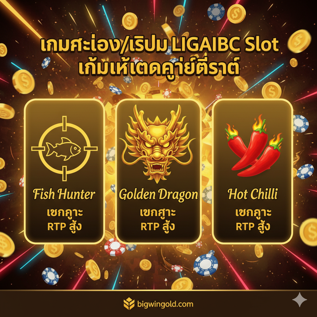 教程/内容展示图片，重点介绍“เกมแนะนำ/รีวิว LIGAIBC Slot เกมไหนแตกง่ายที่สุด”。画面应展示三个小插图หรือ图标，代表文章中推荐ของ三个热门游戏：Fish Hunter (鱼ของ剪影/射击目标)、Golden Dragon (金龙ของ头部特写) และ Hot Chilli (辣椒图标)。ใน每个游戏图标下方标注“แตกง่าย”และ“RTP สูง”。整个画面像一个游戏推荐榜单，色彩鲜艳，吸引玩家点击查看推荐游戏。使用卡片式构图，将三个游戏突出显示。