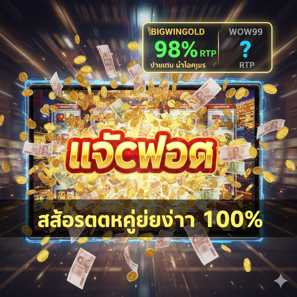 一张展示BIGWINGOLD高爆奖率优势的图片。中心是一个巨大的、正在爆出金币和奖金的'JACKPOT'老虎机画面，突显'สล็อตแตกง่ายกว่า 100%' (爆奖更容易 100%) 的核心优势。金币像瀑布一样从屏幕中涌出，营造出财富感和兴奋感。ซ้าย上角或右上角放置一个对比性的文字标签，如'BIGWINGOLD'旁边是高亮的百分比数字（如 RTP 98%），而'WOW99'旁边是相对较低的数字或问号，强调'จ่ายเต็ม ไม่ล็อกยูส' (全额支付，不锁用户)。