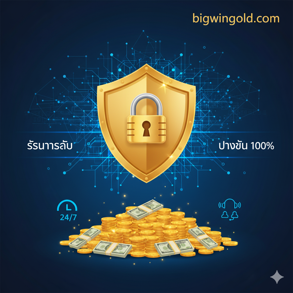ภาพกราฟิกเชิงอุตสาหกรรมที่เน้นคุณสมบัติ 'ความปลอดภัย' และ 'การจ่ายเงิน 100%' องค์ประกอบหลักคือโล่สีเงินหรือสีทองที่แข็งแกร่ง มีสัญลักษณ์กุญแจล็อคอยู่ตรงกลาง พร้อมฉากหลังที่เป็นระบบเครือข่ายดิจิทัลที่ปลอดภัย ด้านล่างแสดงภาพกองเงินสดหรือเหรียญทองจำนวนมากที่วางซ้อนกันเป็นระเบียบ เพื่อสื่อถึงการันตีการจ่ายเงินเต็มจำนวนและบริการดูแลลูกค้าตลอด 24 ชั่วโมง