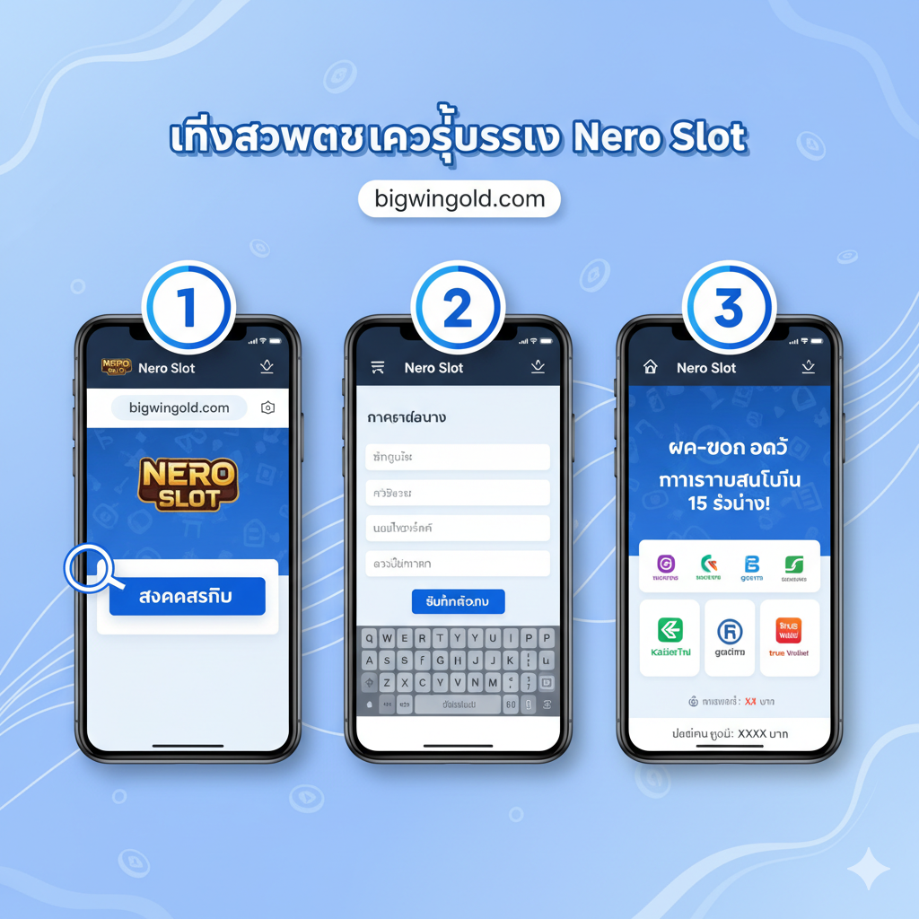 ภาพอินโฟกราฟิกที่สะอาดตาและชัดเจน แสดงขั้นตอนการสมัครสมาชิกและการเข้าสู่ระบบ 'Nero Slot' โดยมีลำดับ 1, 2, 3 ที่เด่นชัดในโทนสีขาว-น้ำเงิน องค์ประกอบประกอบด้วยภาพหน้าจอมือถือ 3 จอเรียงกัน โดยแต่ละจอแสดง: 1. การคลิกปุ่ม 'สมัคร', 2. การกรอกข้อมูลบัญชี, และ 3. การทำรายการ 'ฝาก-ถอน ออโต้' ที่รวดเร็วภายใน 15 วินาที เน้นไอคอนของธนาคารและ True Wallet เพื่อความเข้าใจง่าย