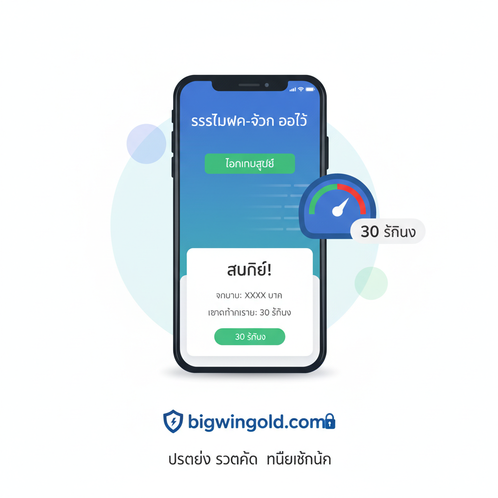 功能图片聚焦于“ระบบฝาก-ถอน ออโต้ 30 วินาที” (Auto Deposit-Withdrawal 30 Seconds)。ภาพ简洁高效，突出速度感和自动化。画面中心应展示一个手机界面，正在进行一个快速的交易（如转账成功通知），旁边用一个速度计或倒计时器（显示“30 วินาที”）的图标强调处理速度。色彩使用蓝色和绿色，象征安全和快速。下方可以配上“bigwingold.com”的Logo和一个小图标，如盾牌或锁头，强调安全性和“ไม่มีขั้นต่ำ” (No Minimum) 的特点。