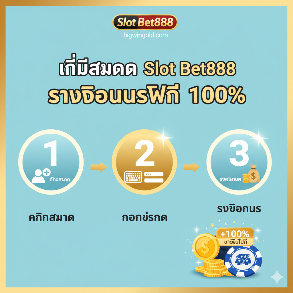 教程图片的主题是“วิธีสมัคร Slot Bet888 รับโบนัสฟรี 100%” (How to Register and Get 100% Free Bonus)。图片采用分步式构图，用3-4个编号的步骤图标（如数字1, 2, 3）来展示注册流程的简化版。每个步骤图标下配有简单的泰语文字（如“คลิกสมัคร”, “กรอกข้อมูล”, “รับโบนัส”）。整体色彩明亮、易读，使用箭头引导用户视线从一个步骤到下一个步骤。最终步骤应着重展示一个带有“+100%”หรือ“เครดิตฟรี”的大型奖章或筹码，强调新用户的福利。