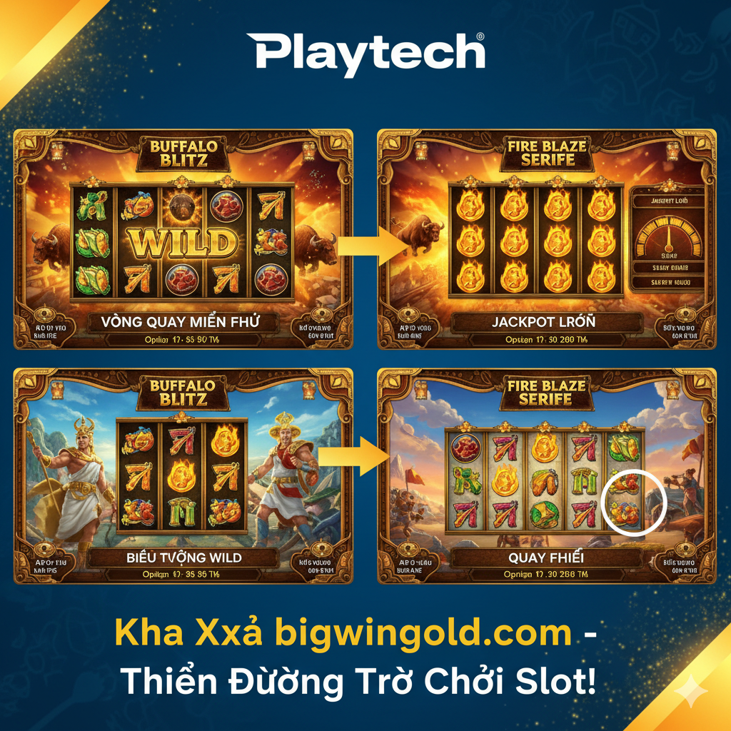 Hình ảnh nổi bật biểu tượng 100% Tiền thưởng, RTP Cao, Tối ưu di động và Hỗ trợ 24/7, tượng trưng cho những ưu điểm độc quyền khi chơi Playtech tại Bigwingold.