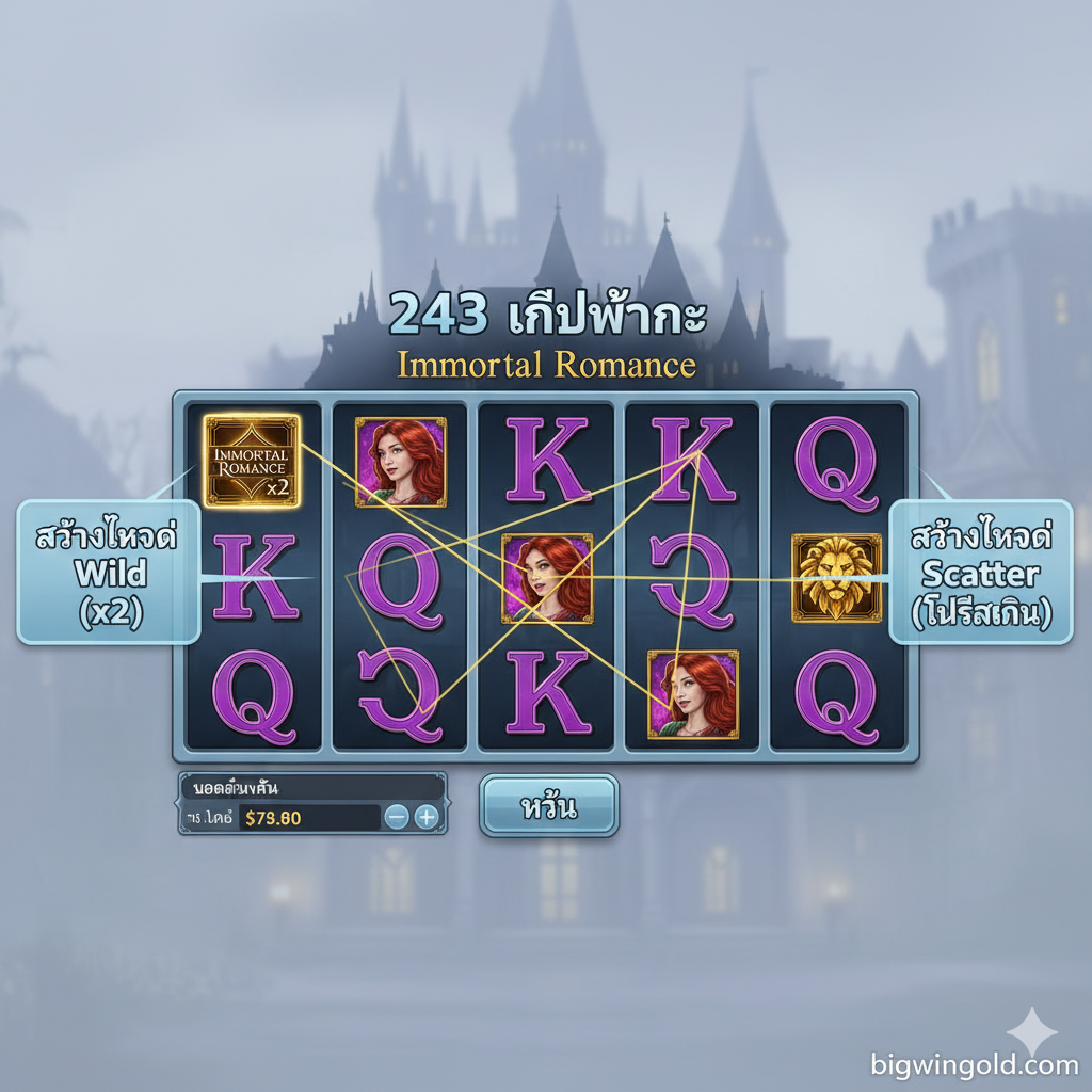 ภาพสอนวิธีการเล่นแบบเรียบง่ายและสะอาดตา โทนสีน้ำเงิน-เทาอ่อนที่อ่านง่าย เน้นการจัดวางวงล้อสล็อต 5x3 และแสดงเส้นทางการชนะแบบ 243 Ways to Win ด้วยลูกศรหรือแสงสีทองที่เชื่อมโยงสัญลักษณ์ที่เหมือนกัน (เช่น ตัวละคร Sarah) จากซ้ายไปขวา ด้านข้างมีป้ายกำกับสัญลักษณ์สำคัญ เช่น โลโก้ Wild (Immortal Romance) ที่มีเครื่องหมาย x2 และสัญลักษณ์ Scatter หัวสิงโตอย่างชัดเจน ภาพควรดูเป็นมิตรกับผู้เล่นใหม่และเป็นระเบียบ เน้นความชัดเจนของปุ่ม 'Spin' และ 'Bet Amount'