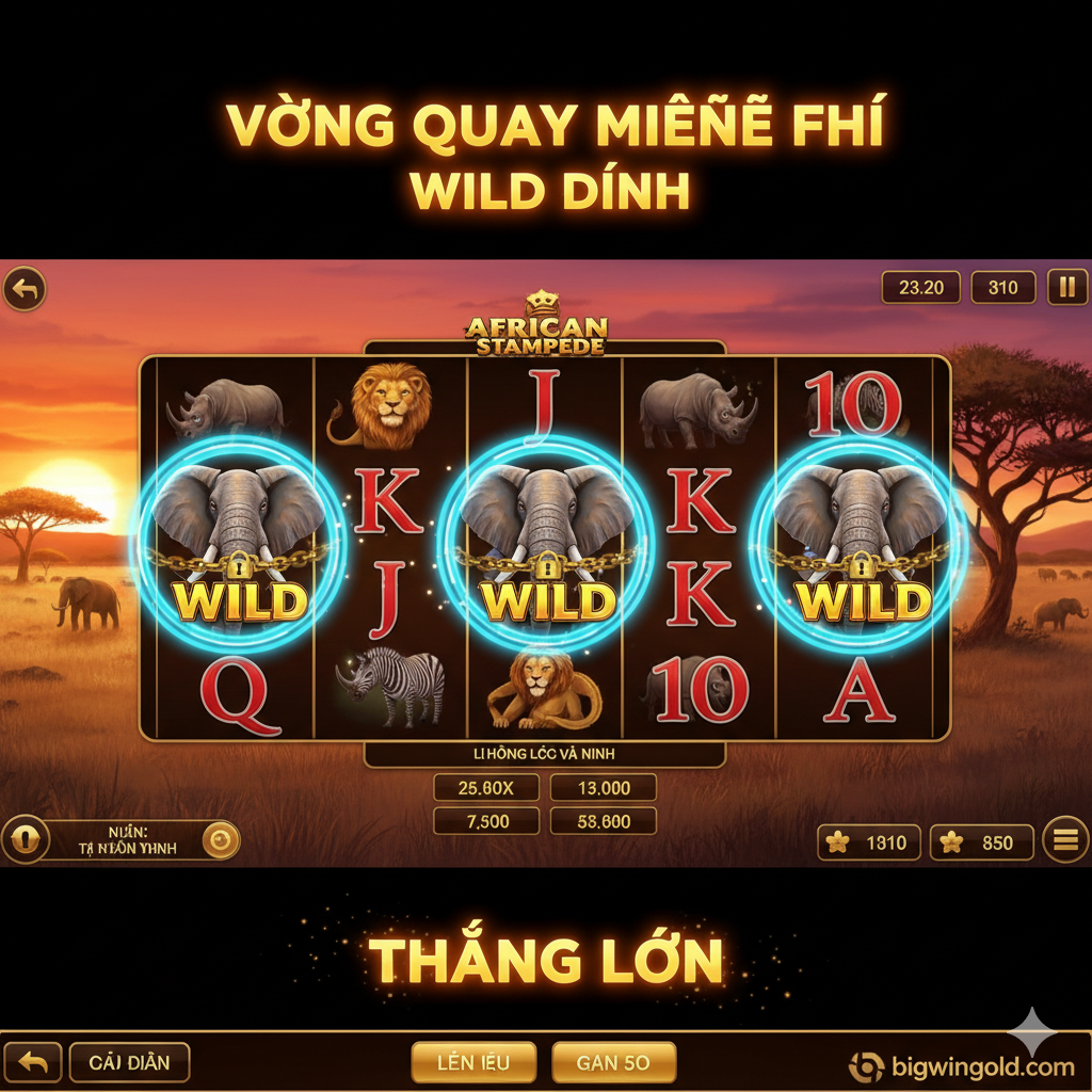 Hình ảnh minh họa tính năng Bonus Free Spins và Sticky Wilds. Hiển thị màn hình trò chơi đang trong vòng quay miễn phí, với dòng chữ 'FREE SPINS' hoặc 'BONUS' lớn. Tập trung vào cuộn 2, 3 và 4, nơi có ít nhất 3 biểu tượng Voi Wild (Elephant Wild) đang 'dính' (Sticky) lại, được bao quanh bởi một vệt sáng hoặc hiệu ứng khóa. Nền phía sau là cảnh thảo nguyên Châu Phi. Mục đích là nhấn mạnh cơ chế 'Sticky Wilds' giúp người chơi thắng lớn, thu hút sự chú ý vào tính năng quan trọng nhất của African Stampede Slot.