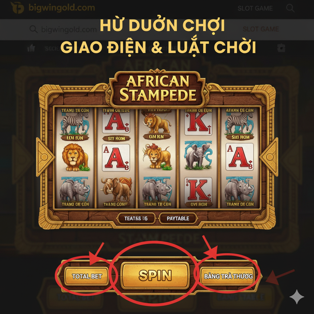 Hình ảnh hướng dẫn chơi African Stampede Slot trên giao diện của bigwingold.com (tưởng tượng). Ảnh chụp màn hình giao diện game với các nút bấm quan trọng được làm nổi bật bằng các vòng tròn hoặc mũi tên màu đỏ (ví dụ: nút 'Spin', nút 'Total Bet', nút 'Paytable'). Bên cạnh là một phần giao diện của bigwingold.com mờ ảo phía sau, có thể là thanh tìm kiếm game. Màu sắc trung tính, rõ ràng, giúp người đọc dễ dàng xác định các thao tác cần thiết khi bắt đầu chơi trên nền tảng bigwingold.com.